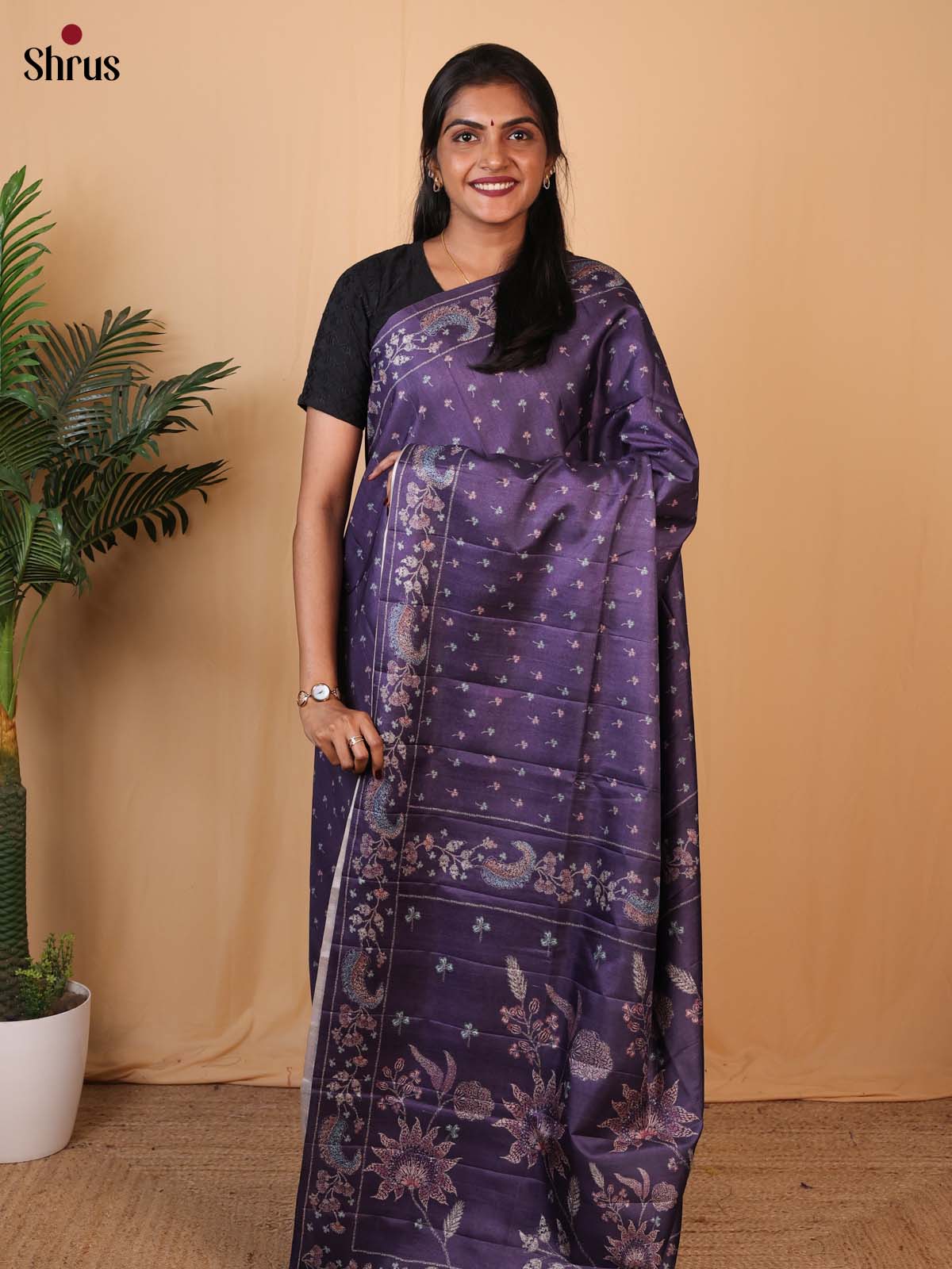 Violet - Printed Tussar Saree - Shop on Shrus.com