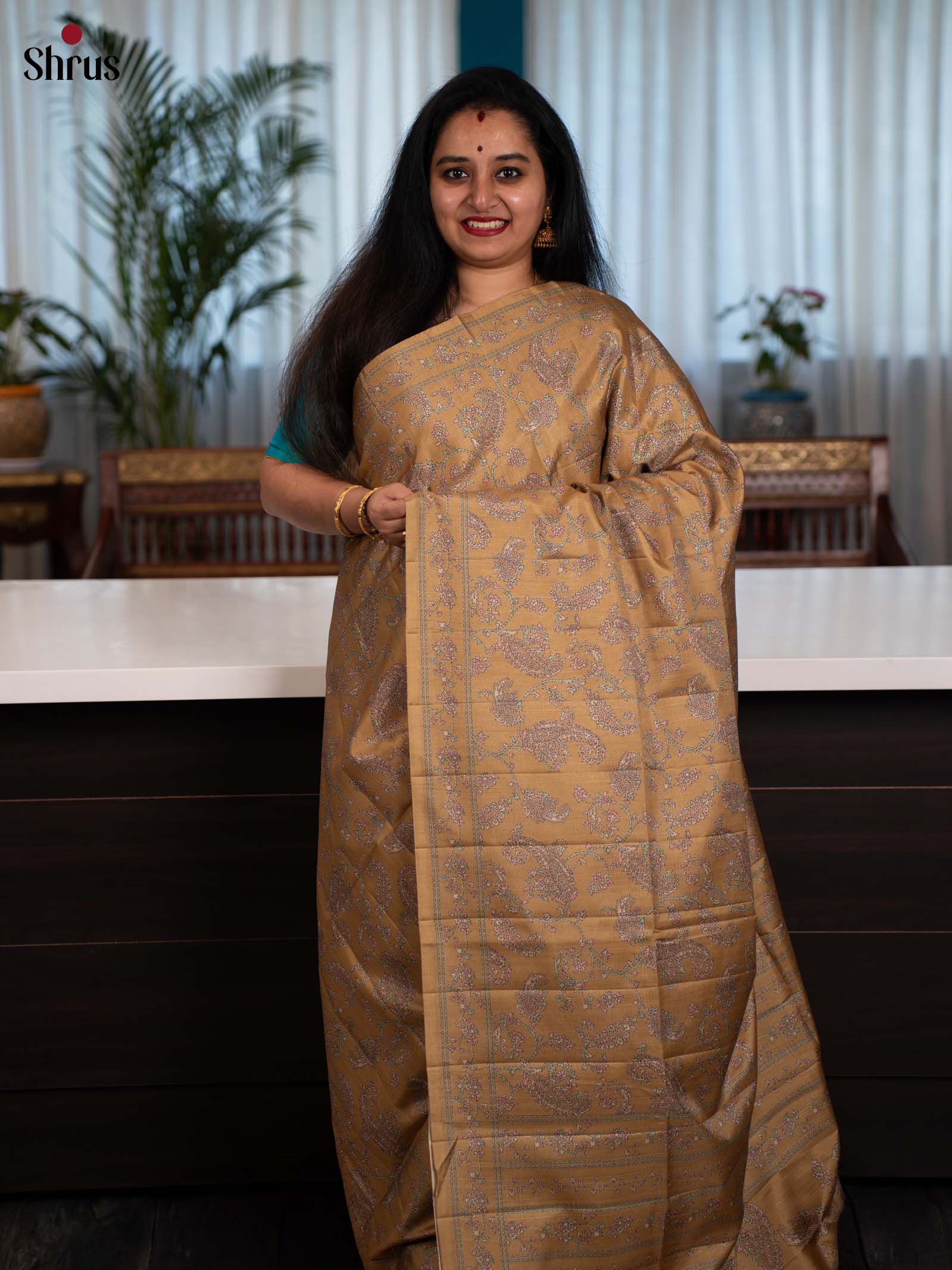 Beige - Printed Tussar Saree - Shop on Shrus.com