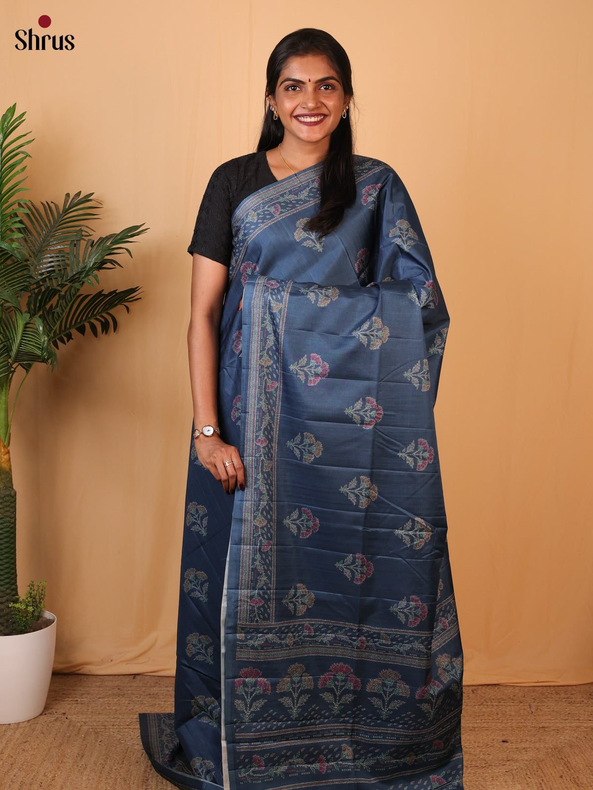 Dark Blue - Printed Tussar Saree - Shop on Shrus.com