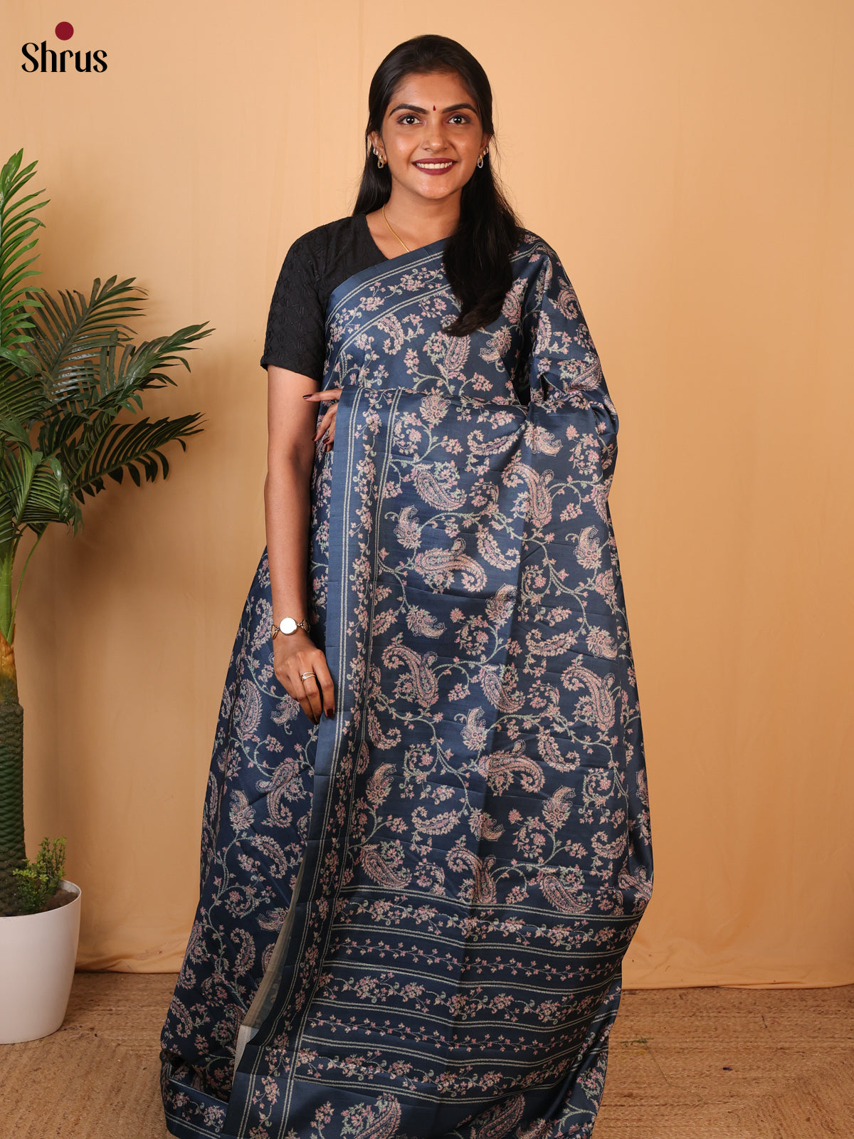 Blue - Printed Tussar Saree - Shop on Shrus.com