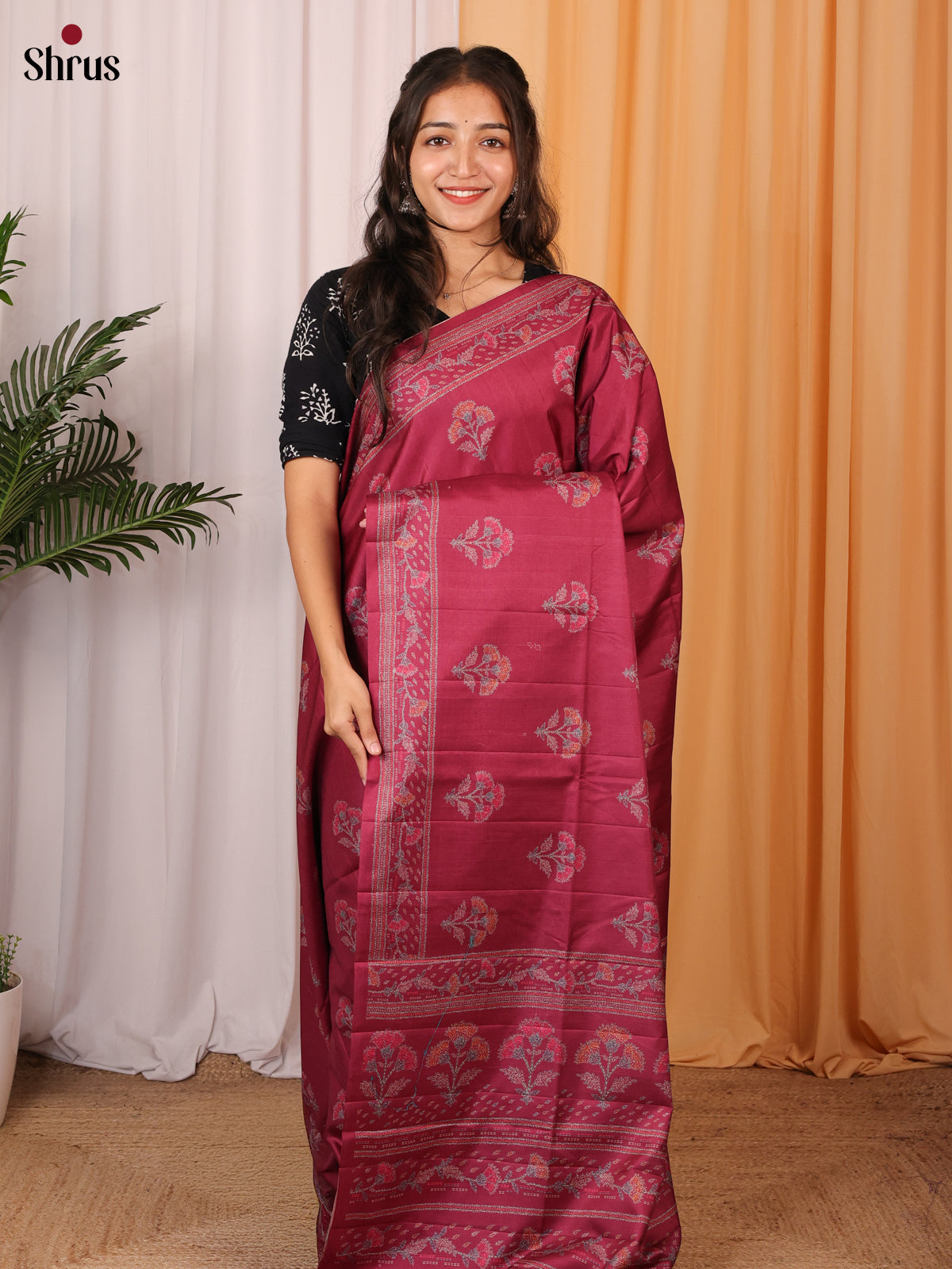 Maroon- Printed Tussar Saree - Shop on Shrus.com
