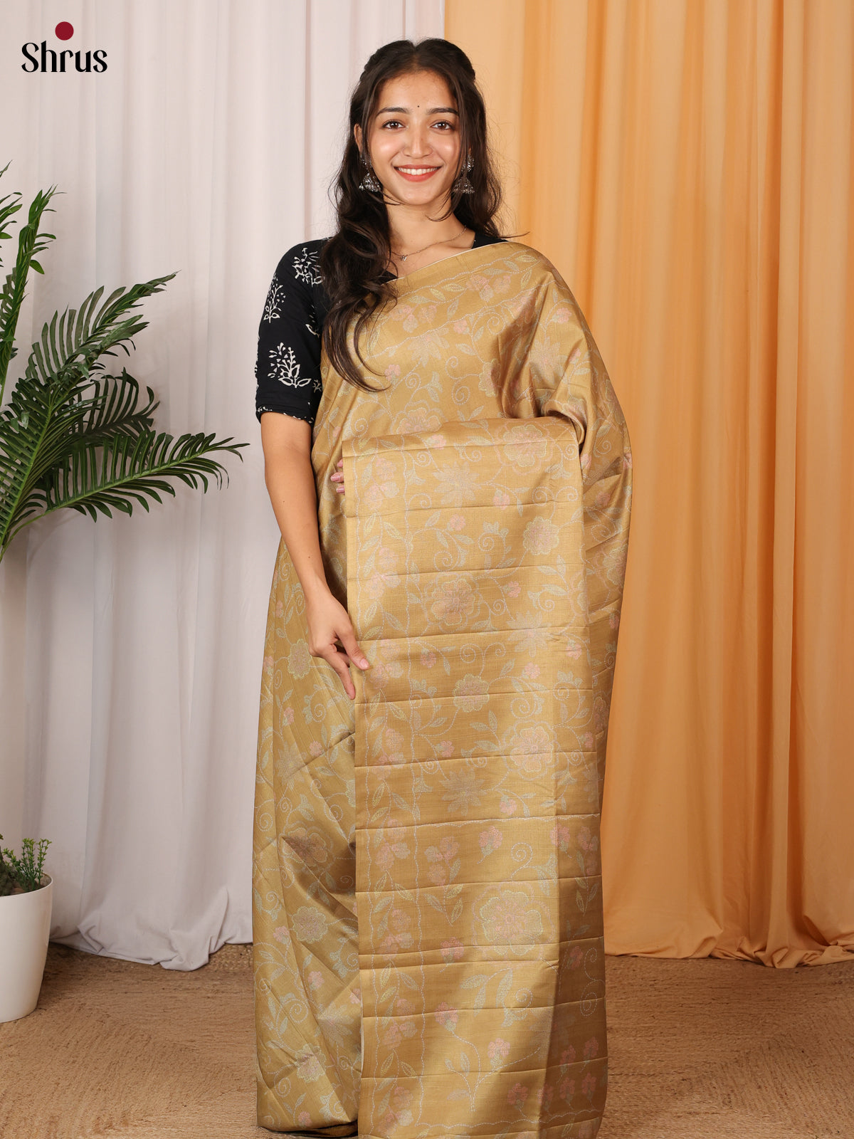 Beige- Printed Tussar Saree - Shop on Shrus.com