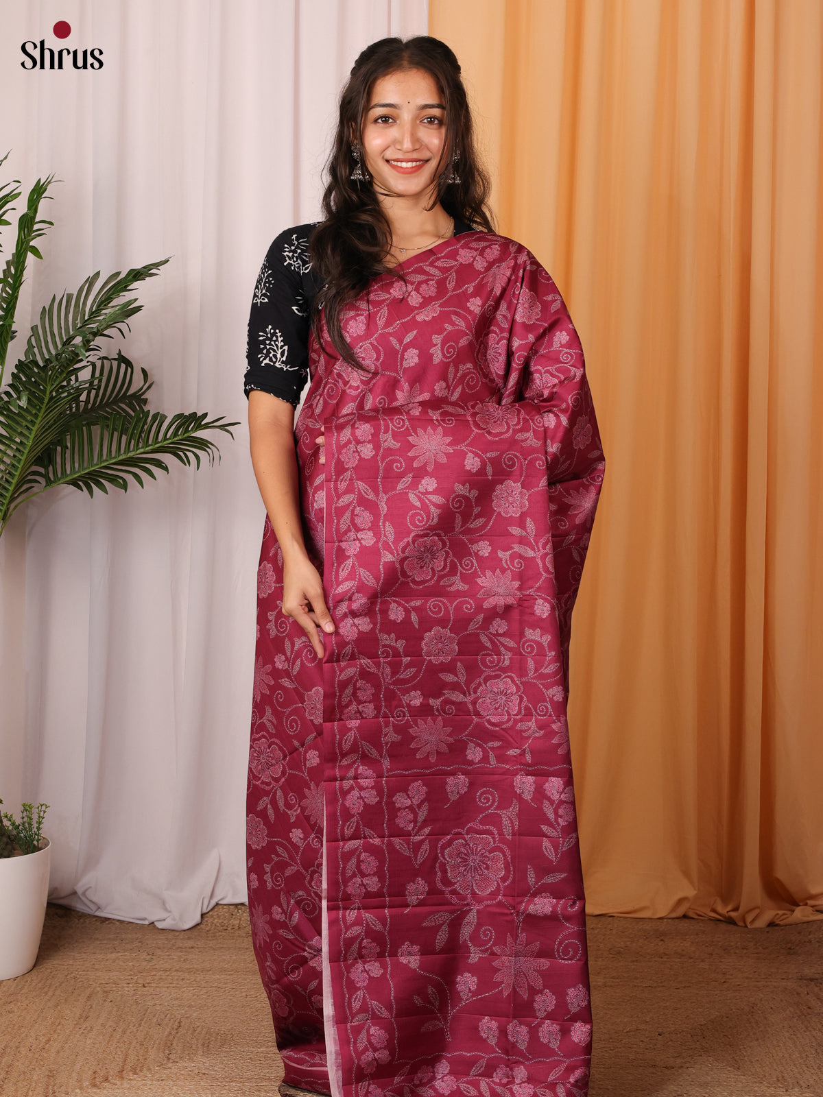 Maroon - Printed Tussar Saree - Shop on Shrus.com