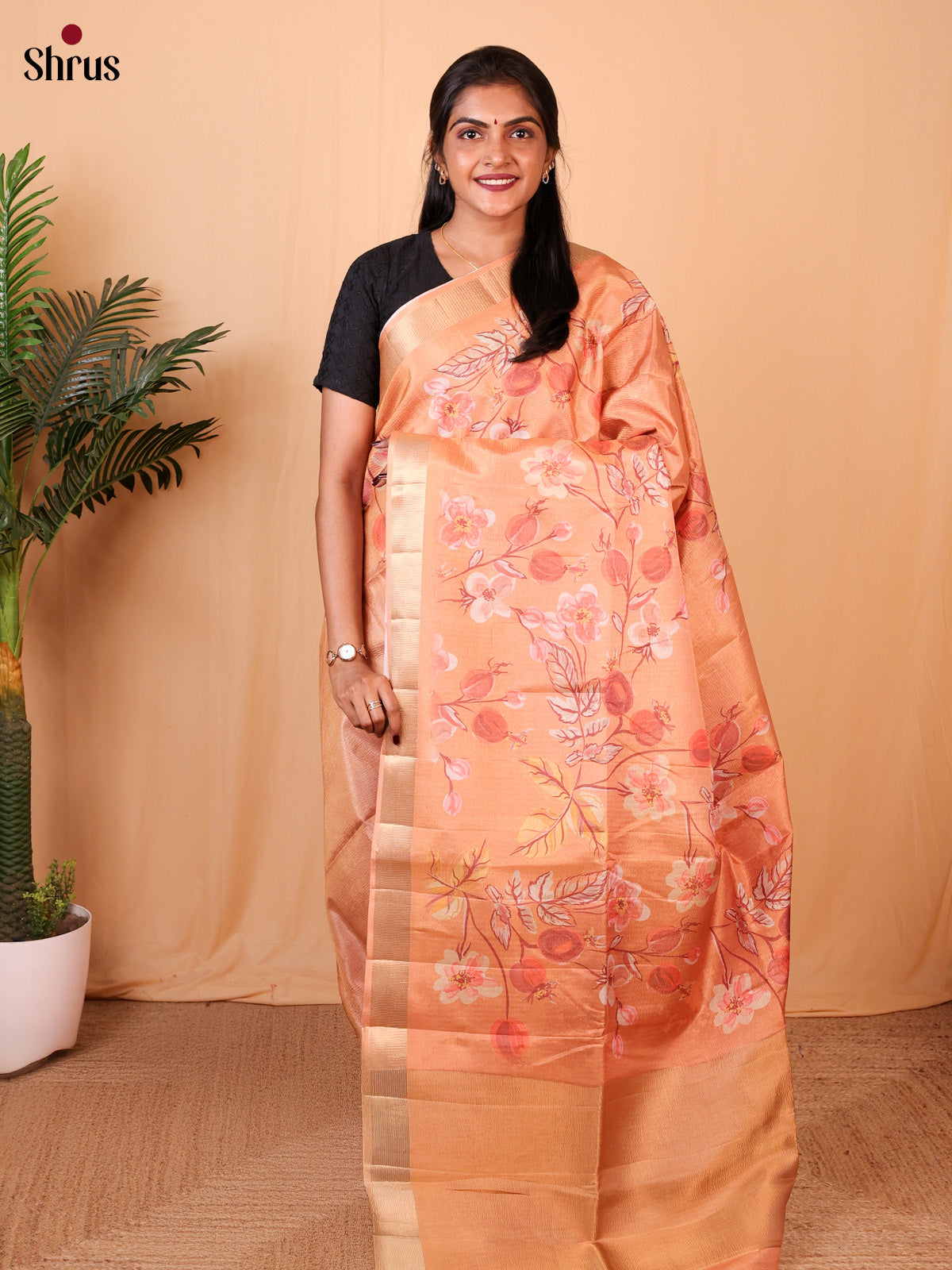 Peachish Orange- Bamboo silk Saree - Shop on Shrus.com