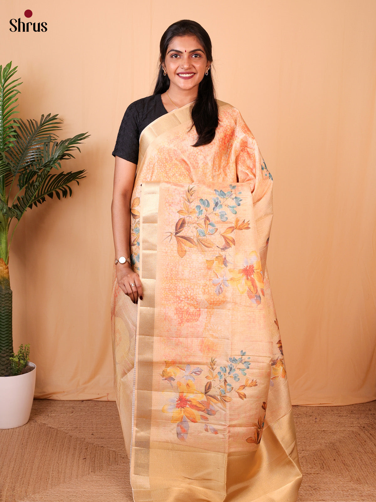 Peach- Bamboo silk Saree - Shop on Shrus.com