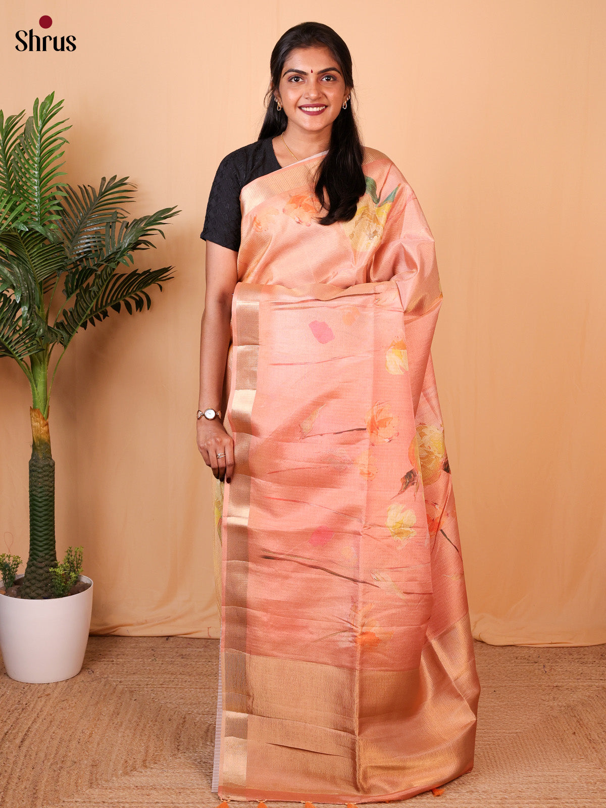 Peach- Bamboo silk Saree - Shop on Shrus.com