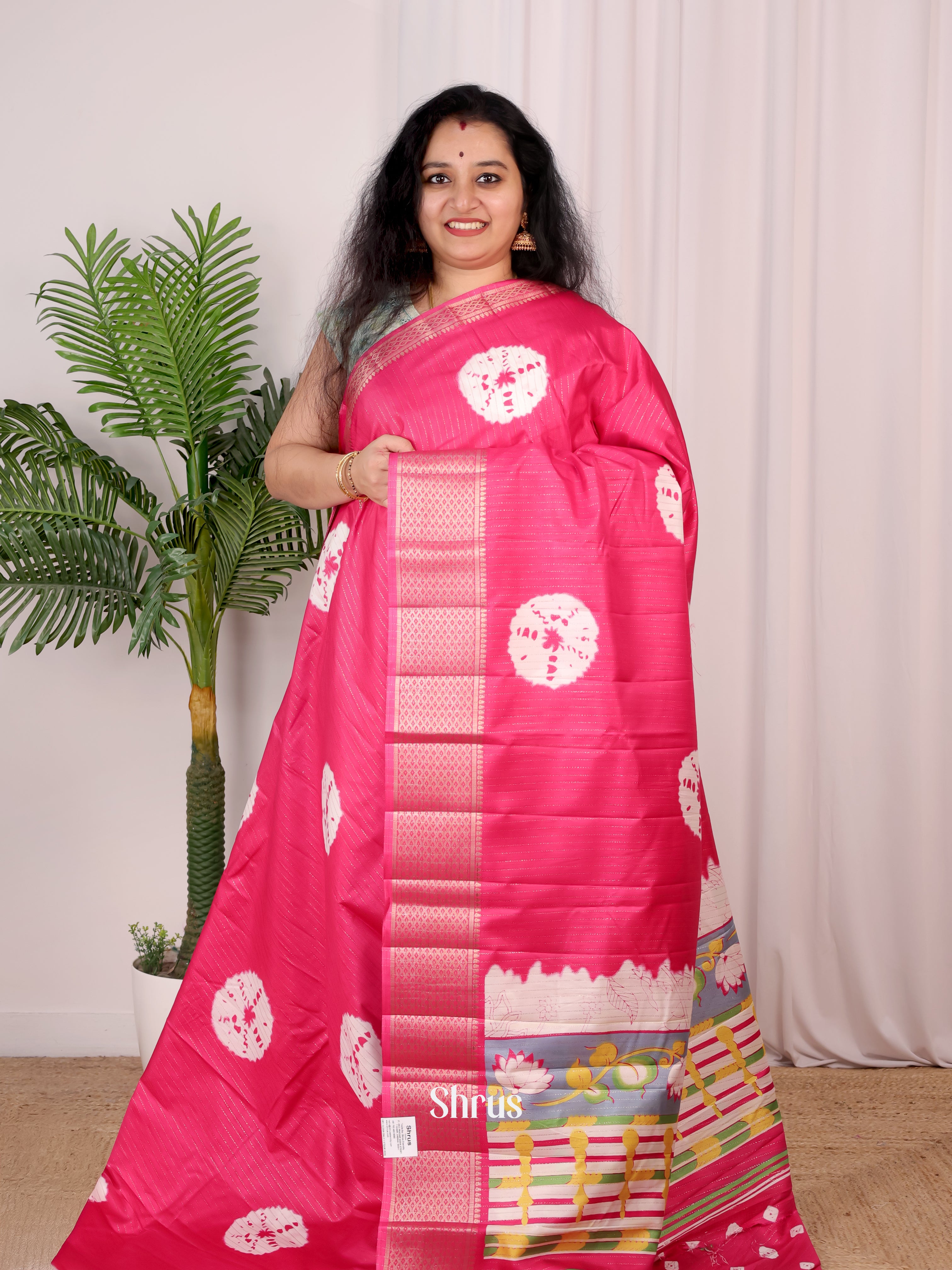 Pink - Shibori Print Semi Tussar Saree - Shop on Shrus.com