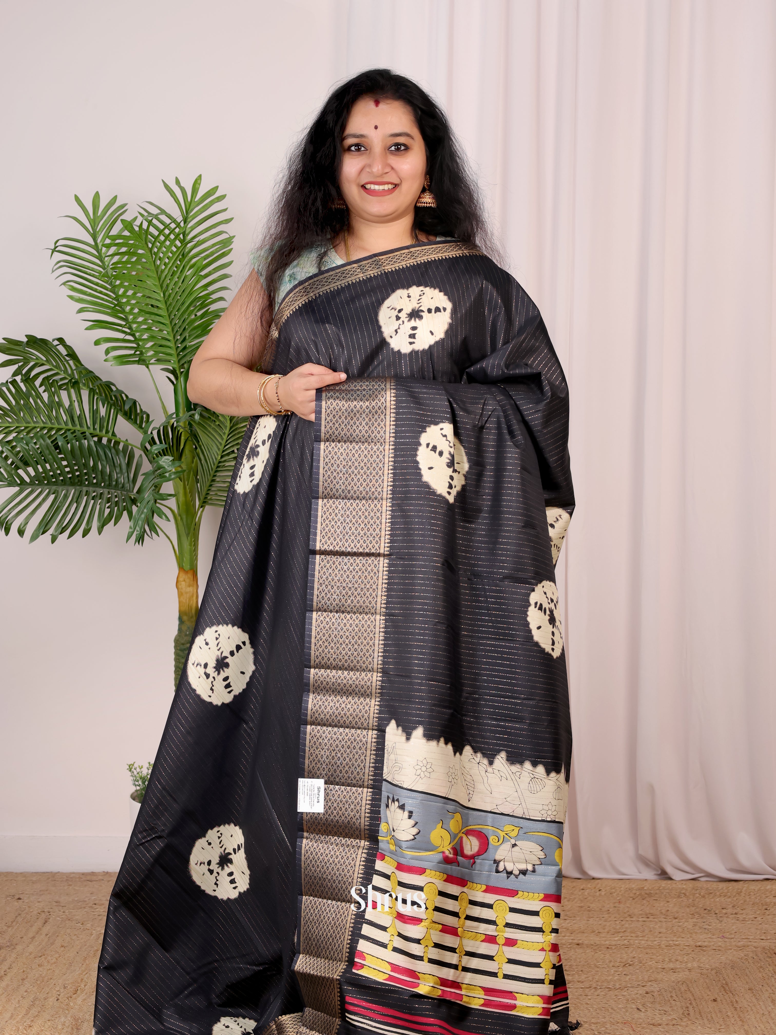 Black - Shibori Print Semi Tussar Saree - Shop on Shrus.com