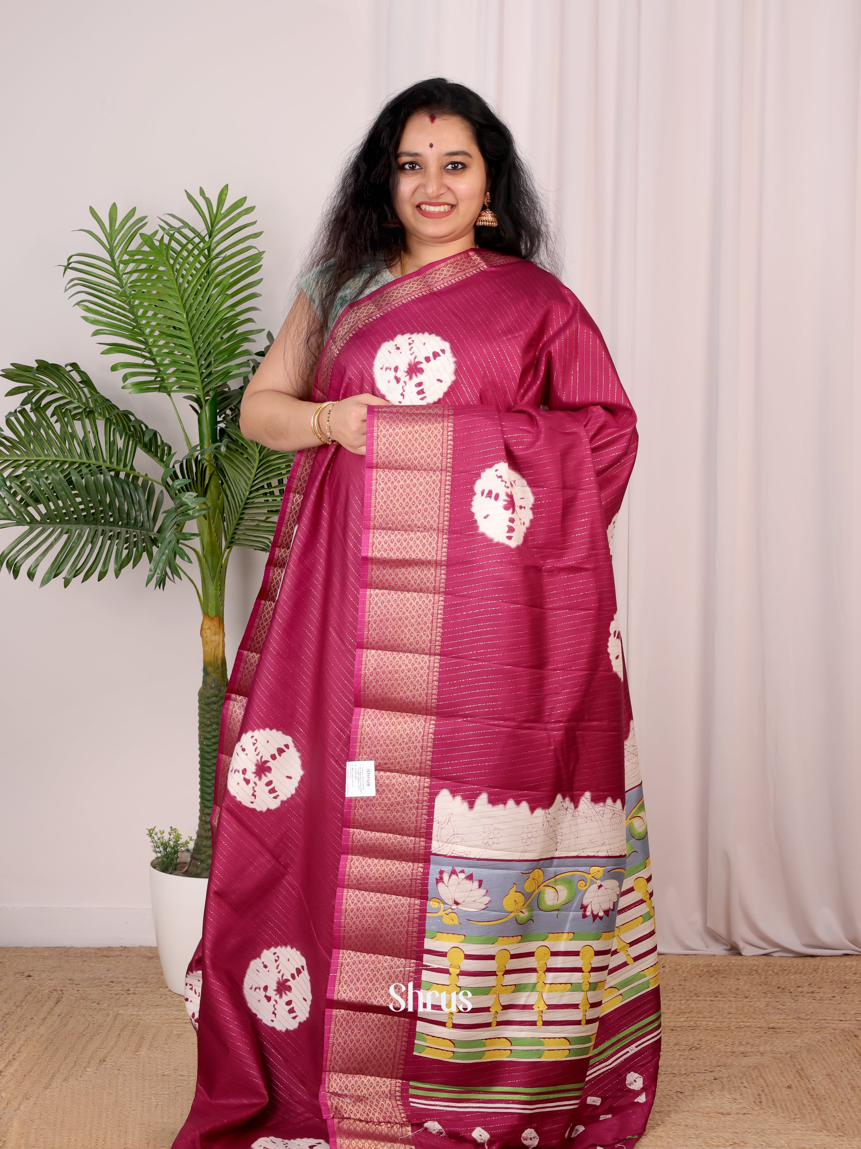 Maroon - Shibori Print Semi Tussar Saree - Shop on Shrus.com
