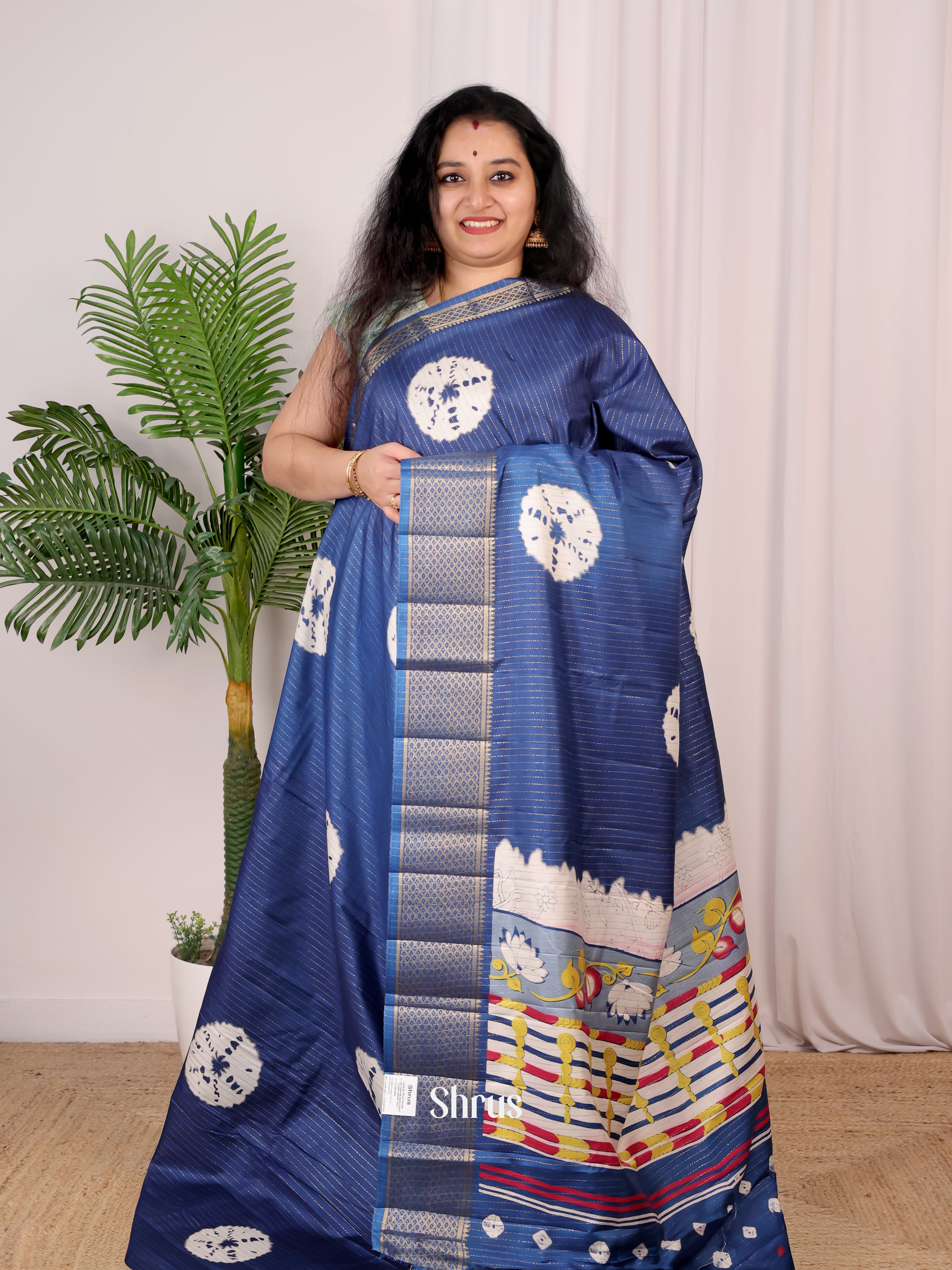 Blue - Shibori Print Semi Tussar Saree - Shop on Shrus.com