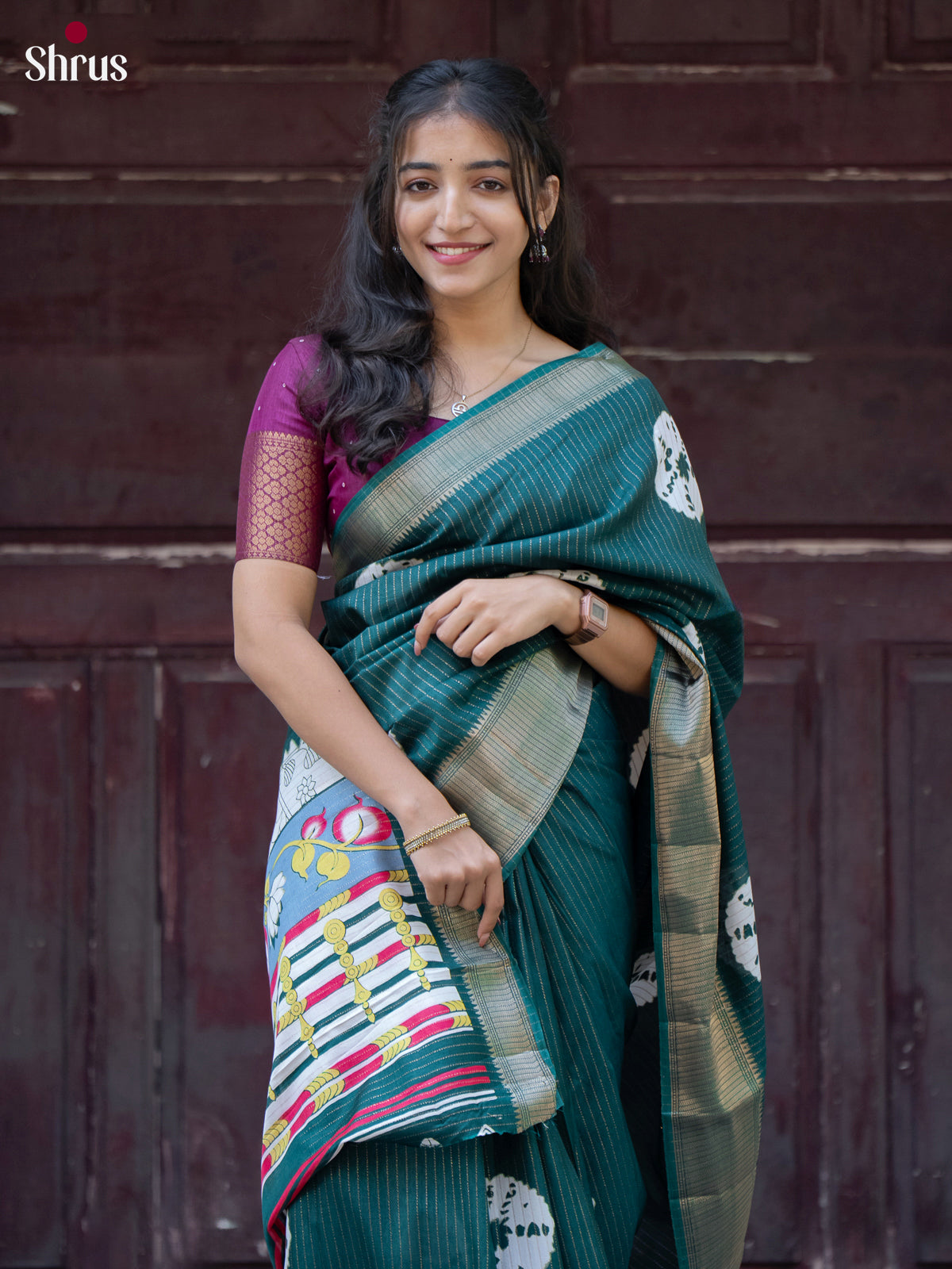 Green - Shibori Print Semi Tussar Saree - Shop on Shrus.com