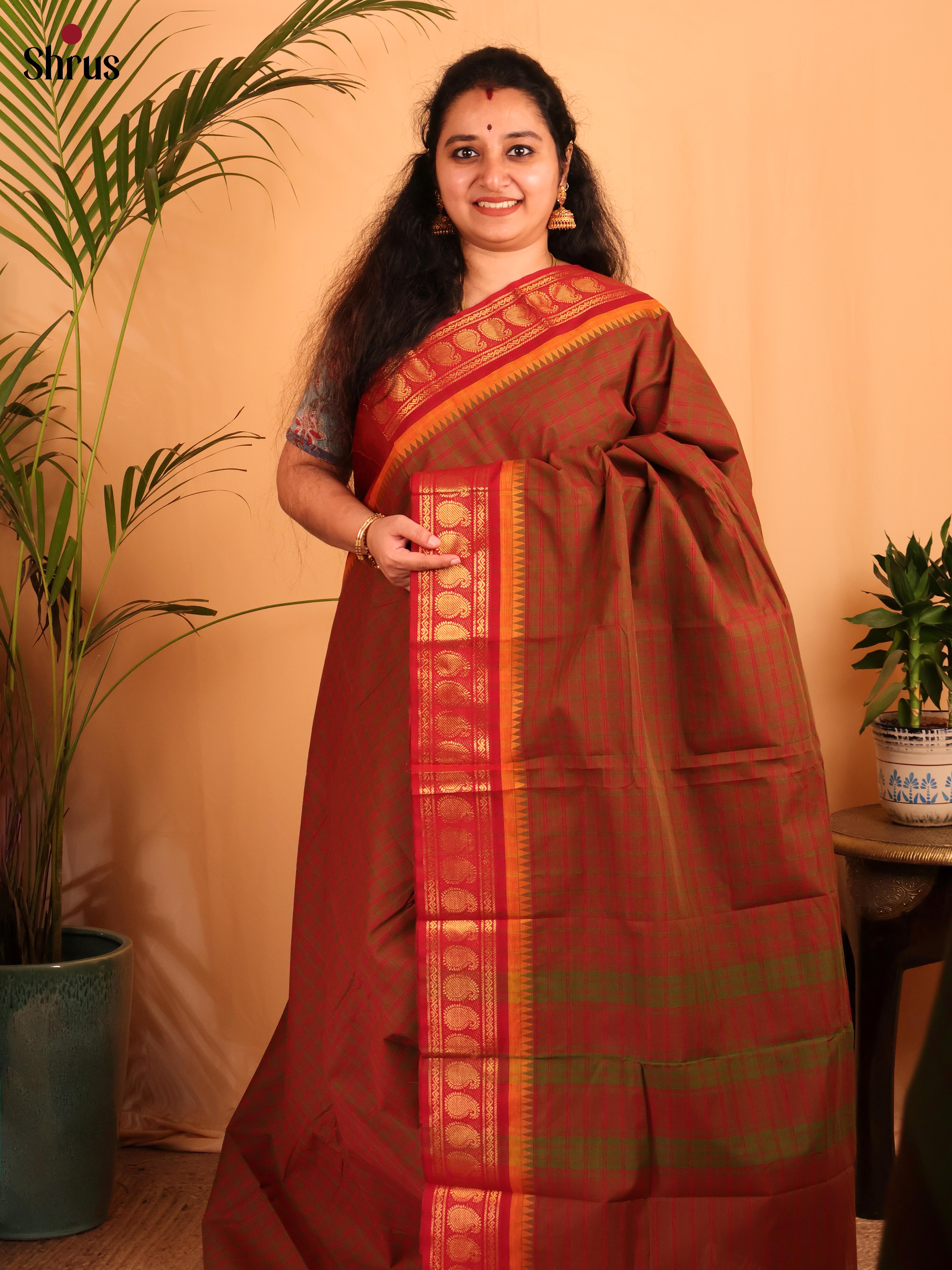 Green & Red - Chettinad Cotton Saree - Shop on Shrus.com