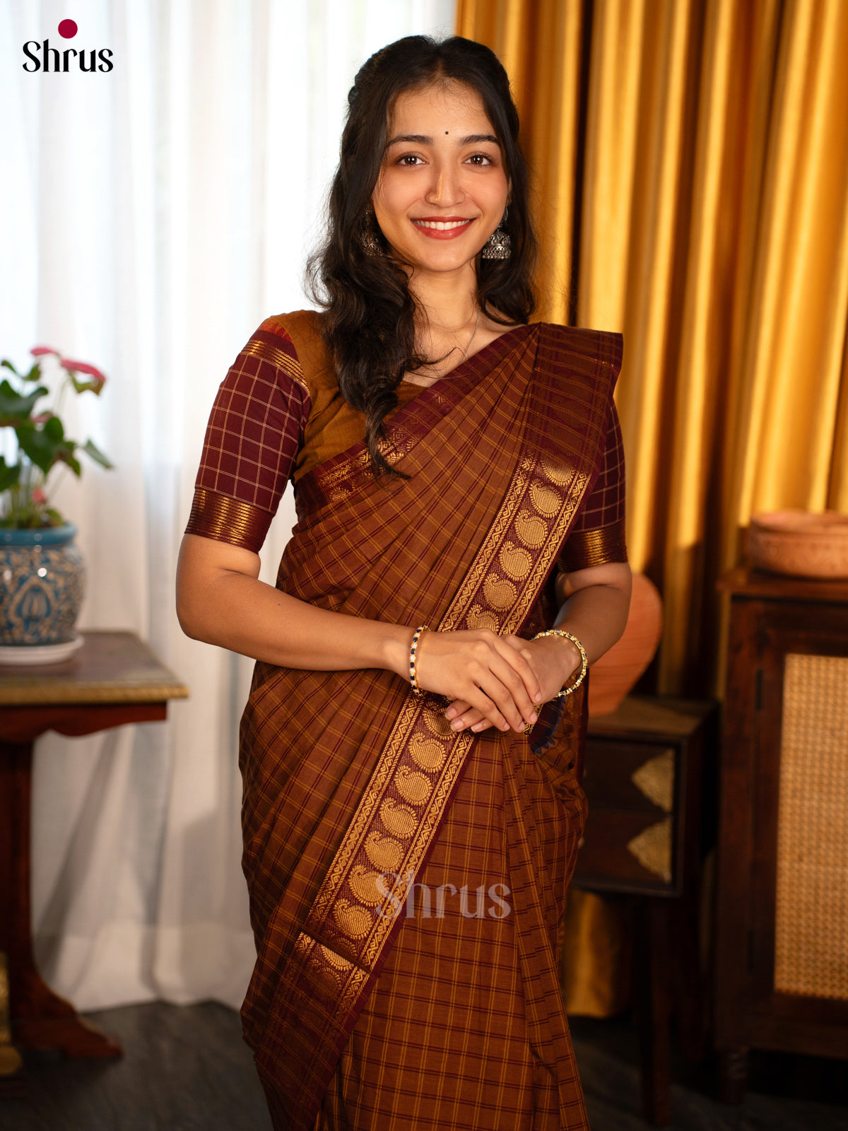 Brown- Chettinad Cotton Saree - Shop on Shrus.com
