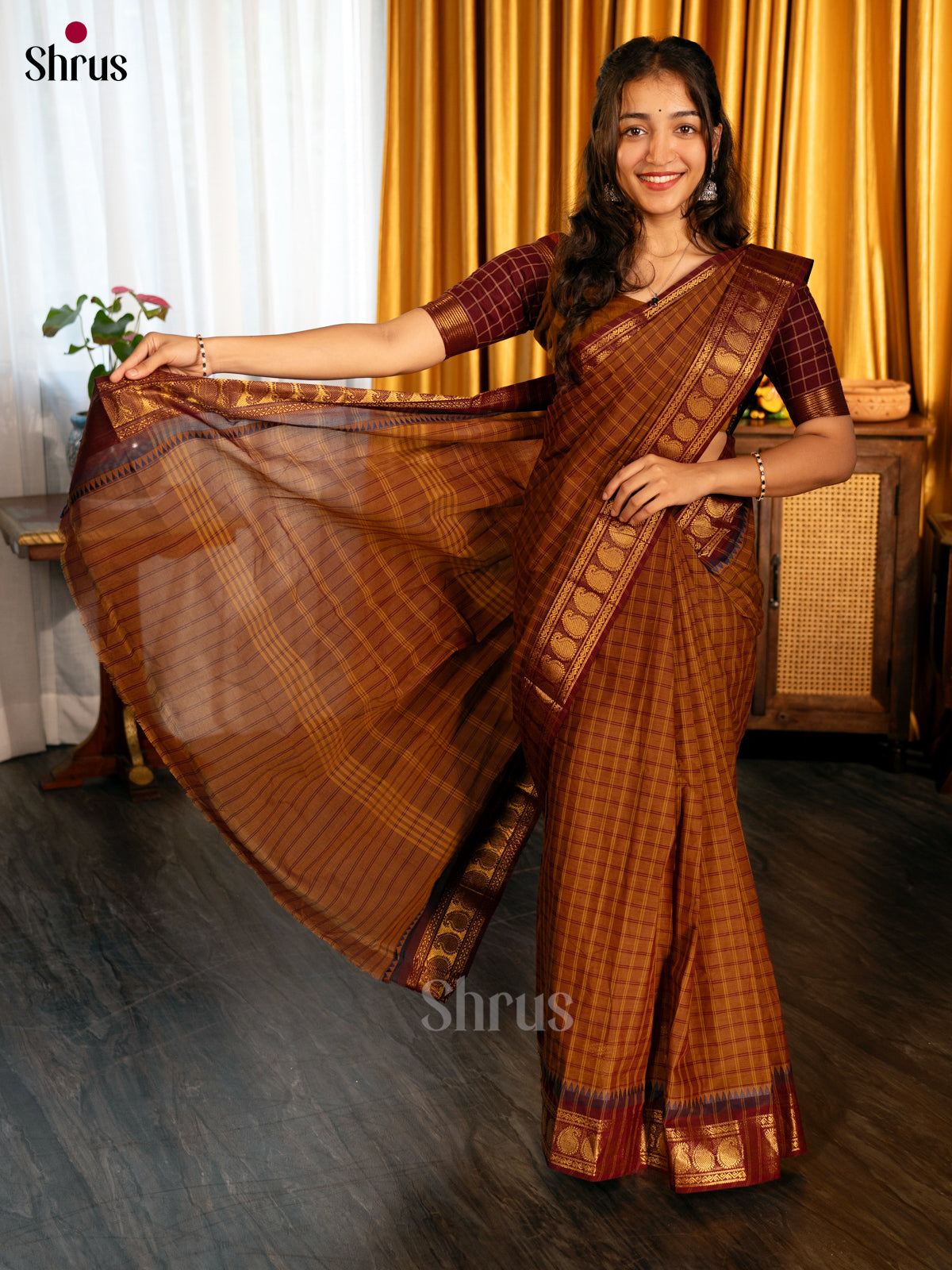 Brown- Chettinad Cotton Saree - Shop on Shrus.com