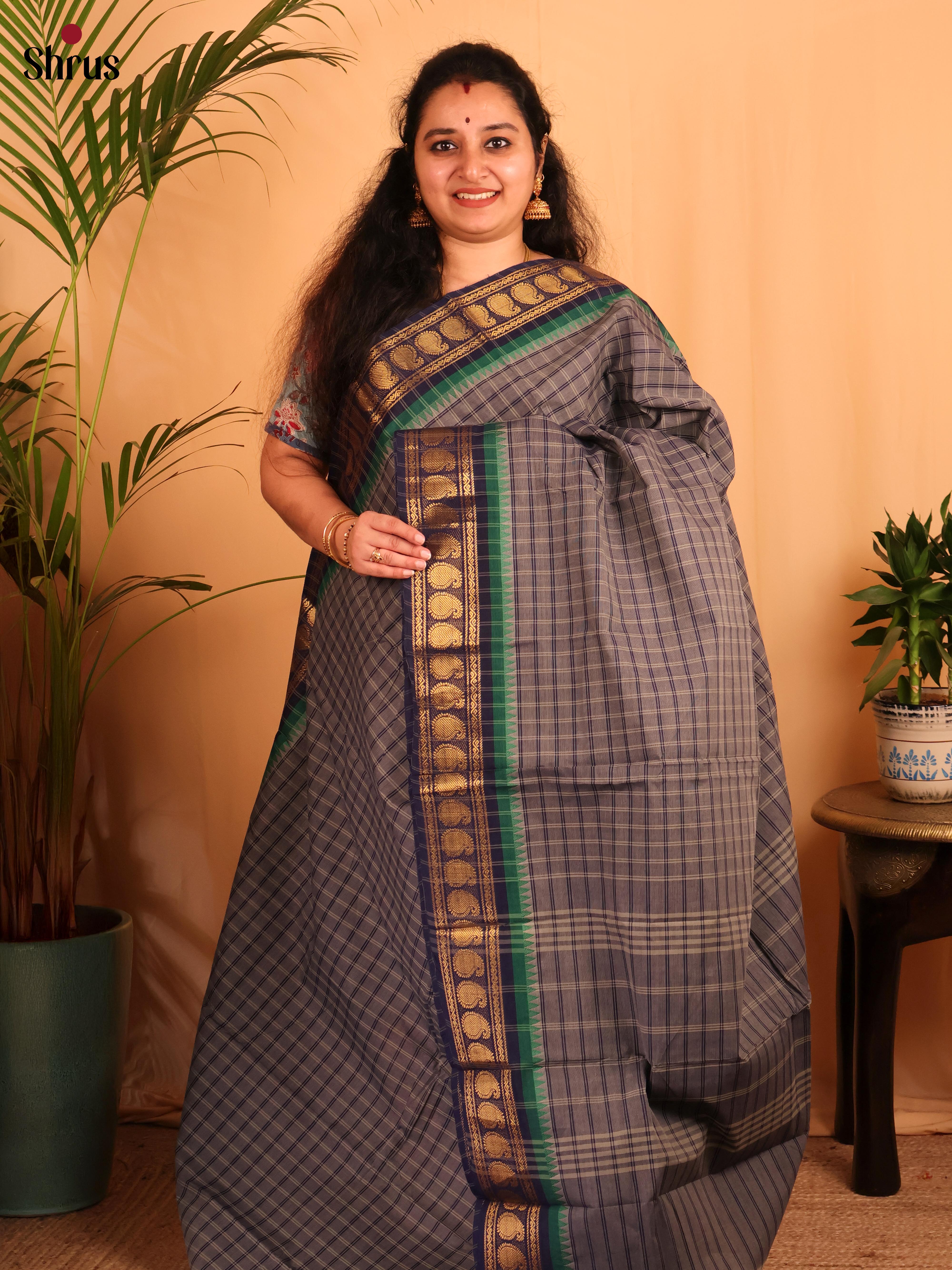Grey & Blue - Chettinad Cotton Saree - Shop on Shrus.com