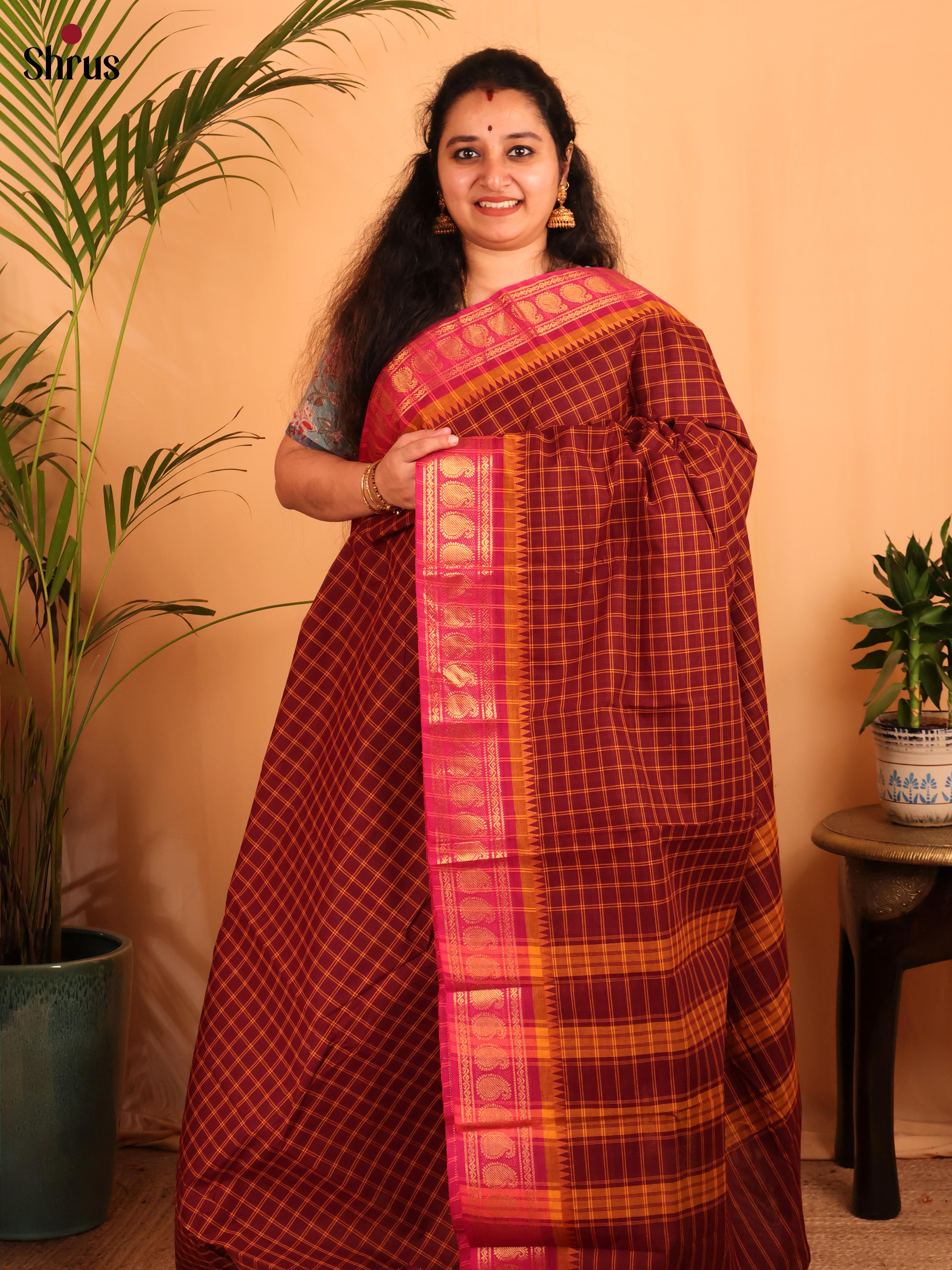 Brown & Pink - Chettinad Cotton Saree - Shop on Shrus.com