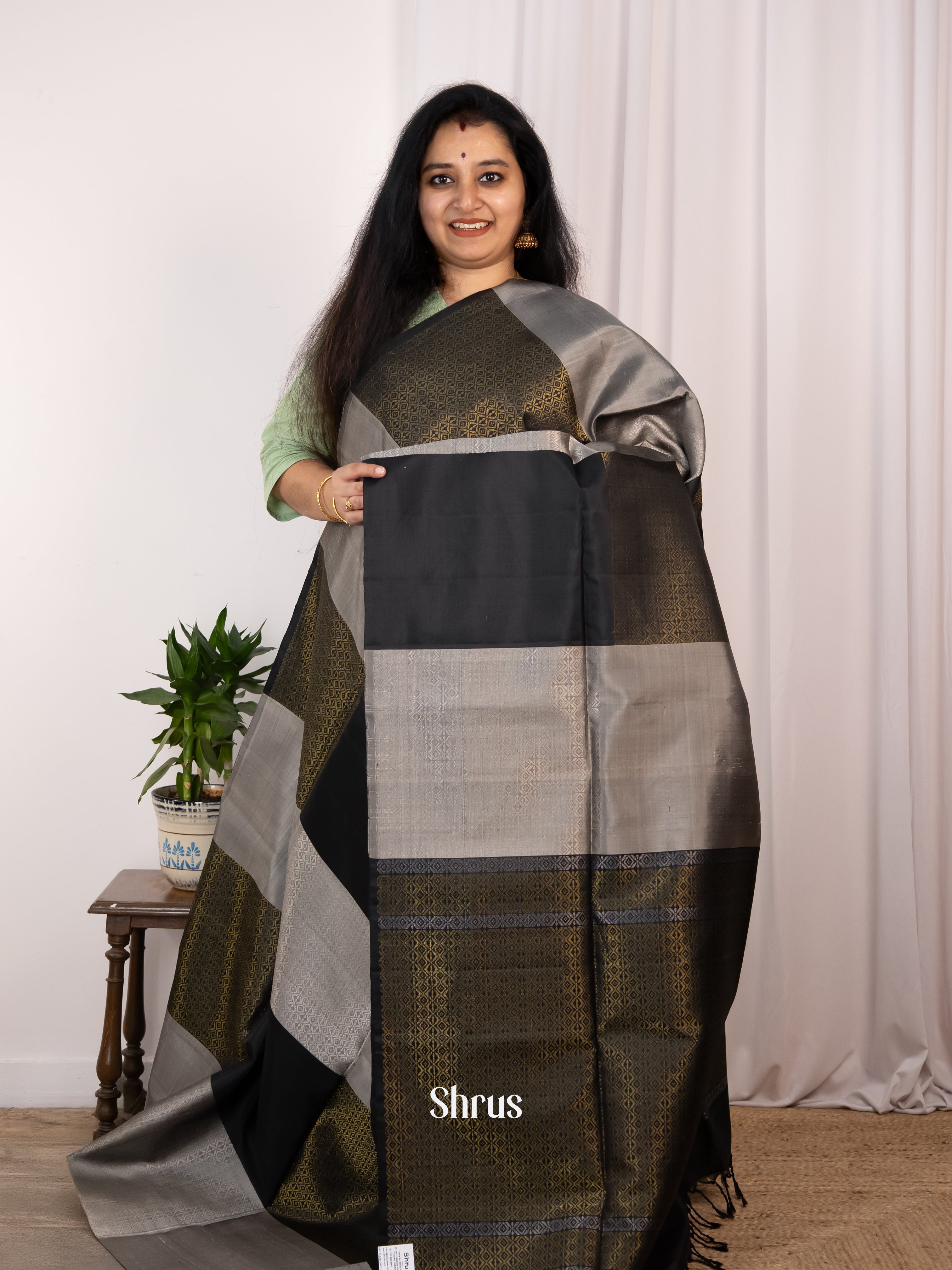 Grey & Black - Soft Silk Saree - Shop on Shrus.com