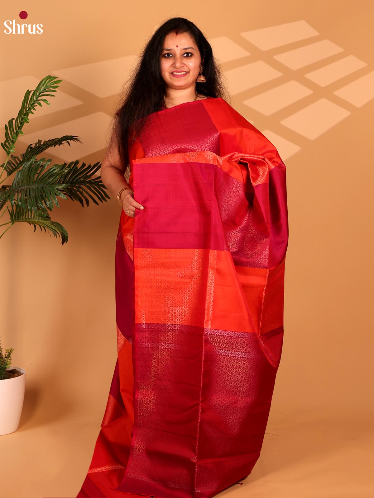 Maroon & Orange - Soft Silk Saree - Shop on Shrus.com