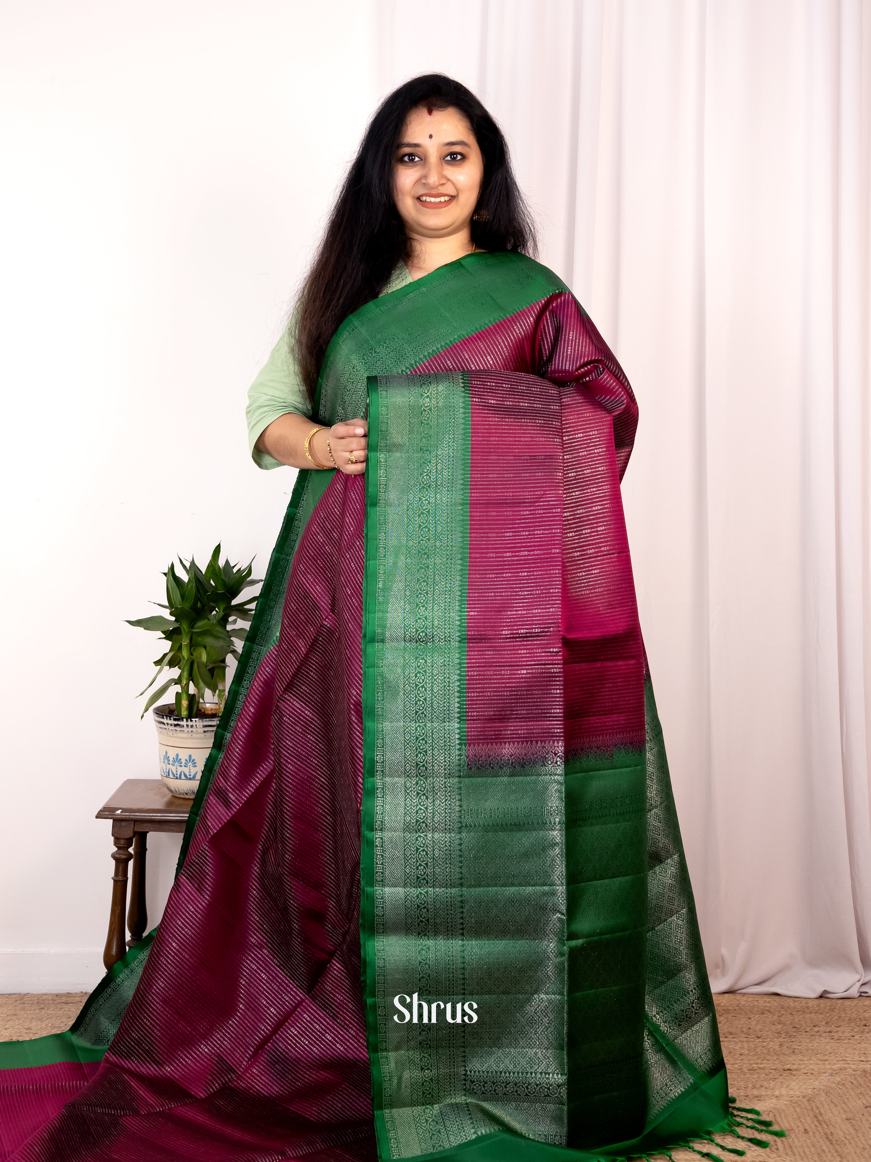 Maroon & Green - Soft Silk Saree - Shop on Shrus.com