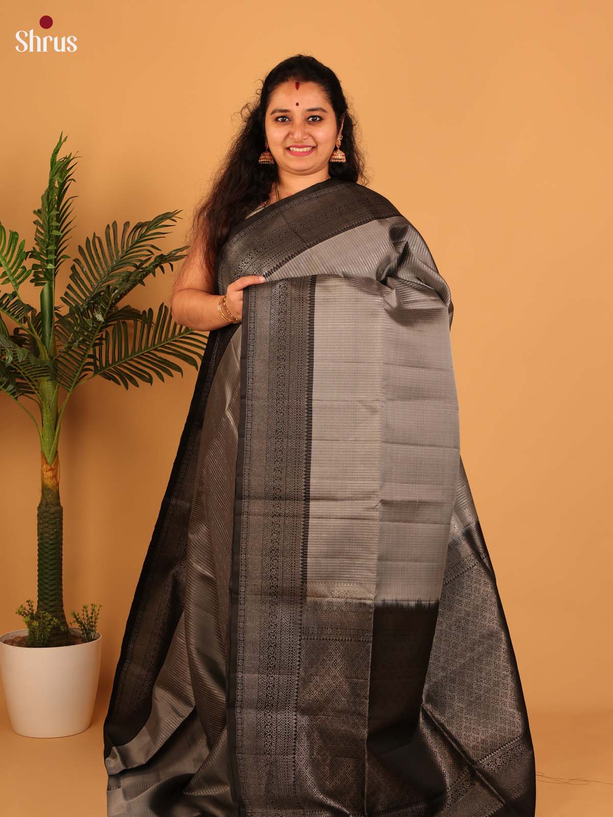 Grey & Black - Soft Silk Saree - Shop on Shrus.com