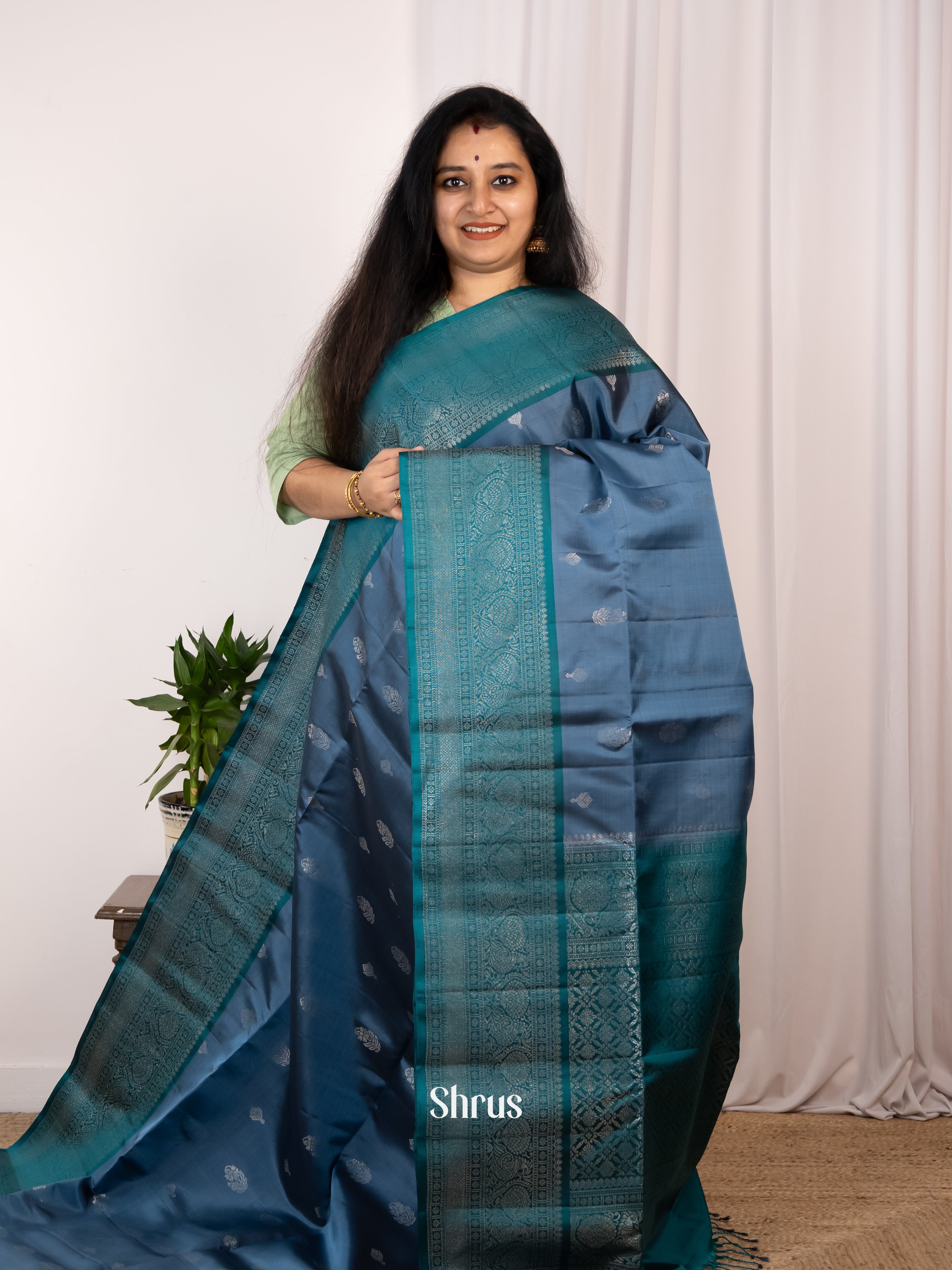 Blue & Green - Soft Silk Saree - Shop on Shrus.com