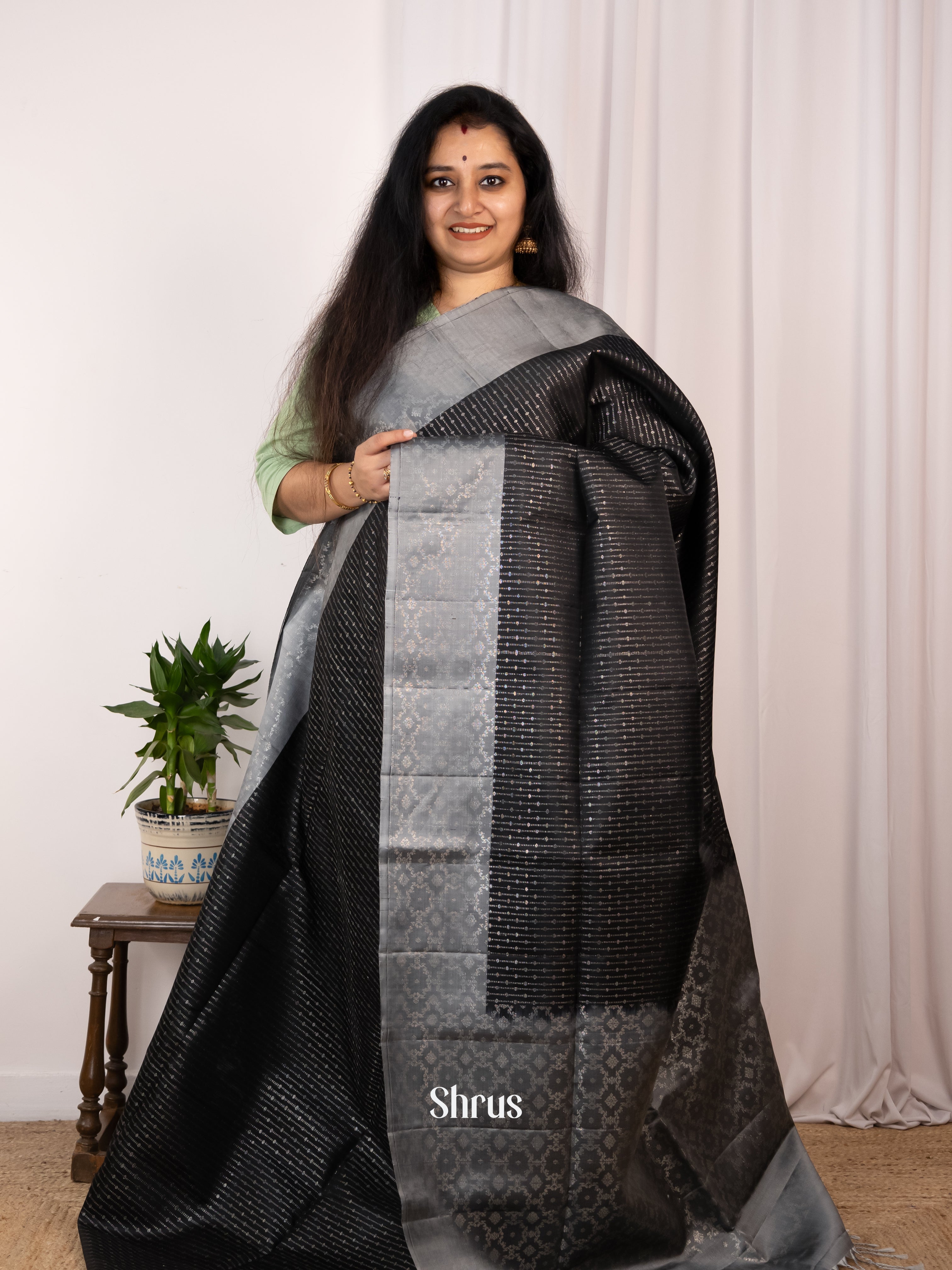 Elegant Black Soft Silk Saree with Zari Stripes & Grey Brocade Border & Pallu-1