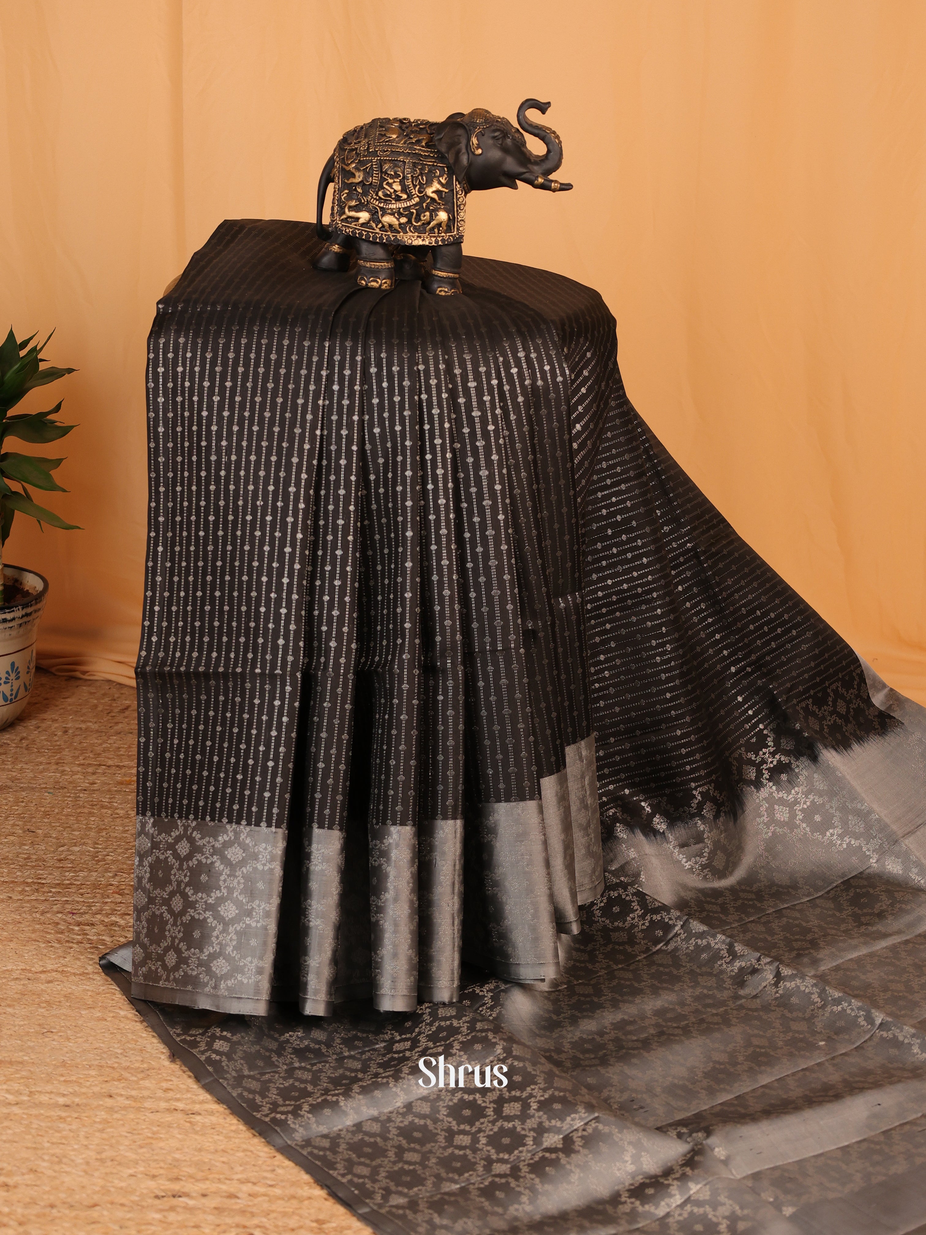 Elegant Black Soft Silk Saree with Zari Stripes & Grey Brocade Border & Pallu-2