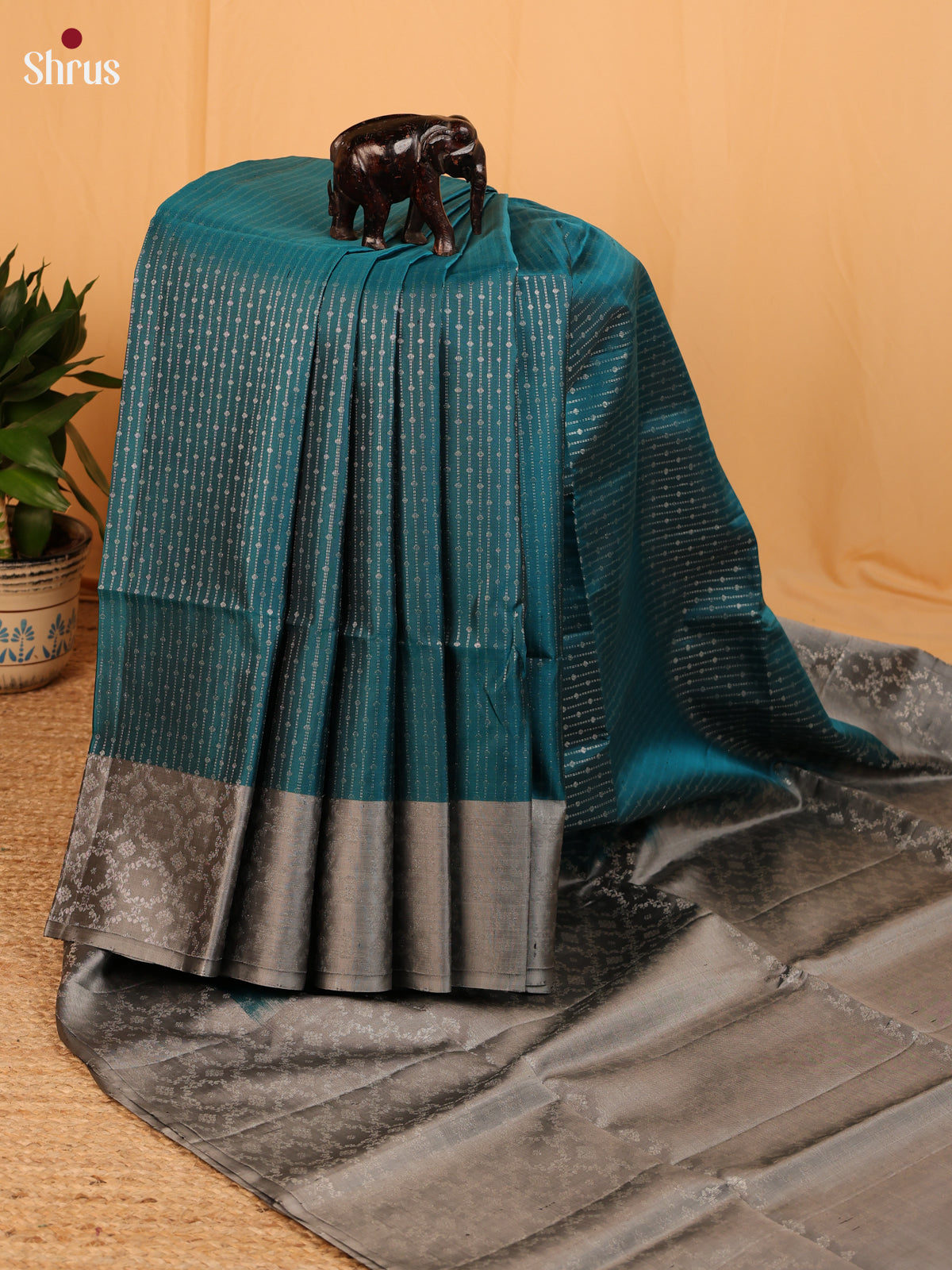 Peacock Blue & Grey - Soft Silk Saree - Shop on Shrus.com