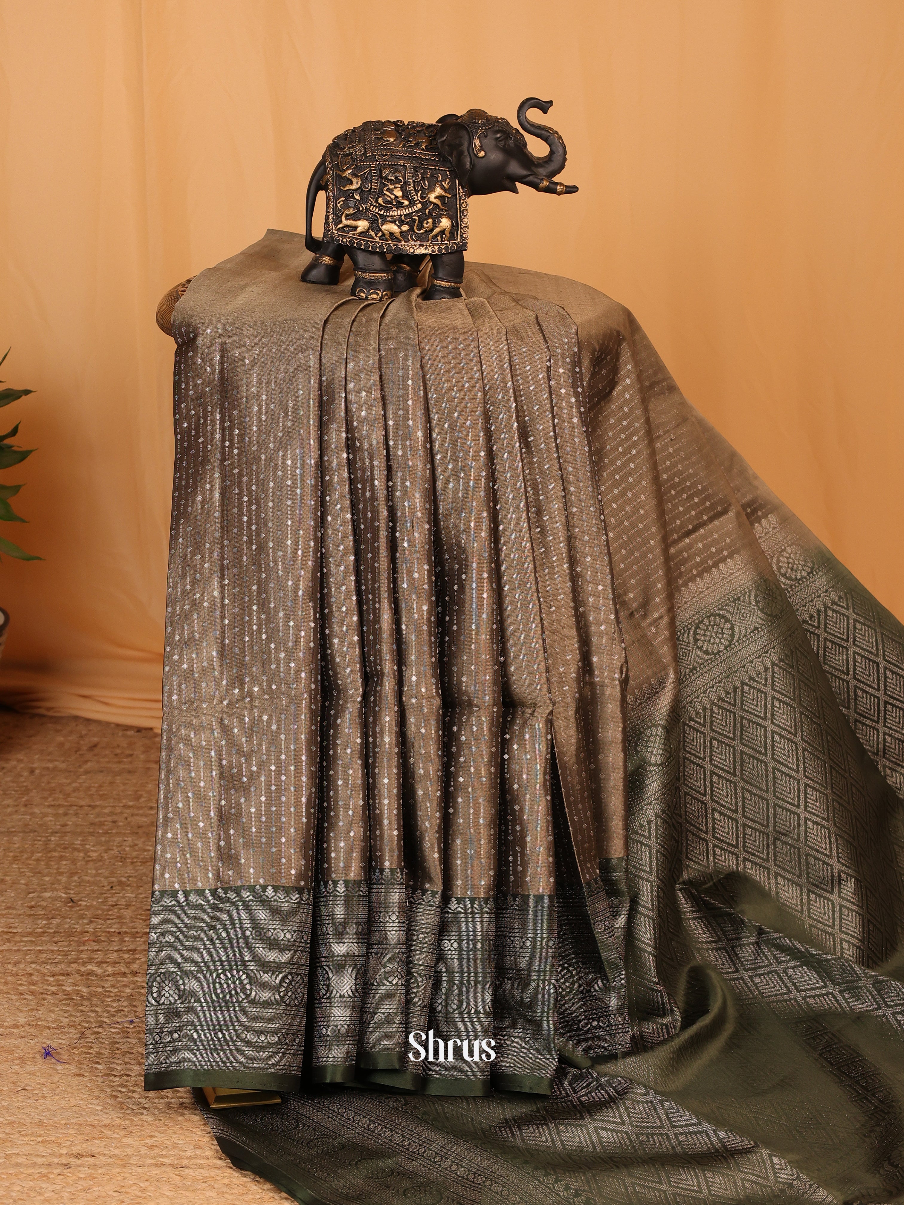 Chic Grey Soft Silk Saree With Intricately Woven Zari Buttas, Green Brocade Border & Pallu - Shop on Shrus.com