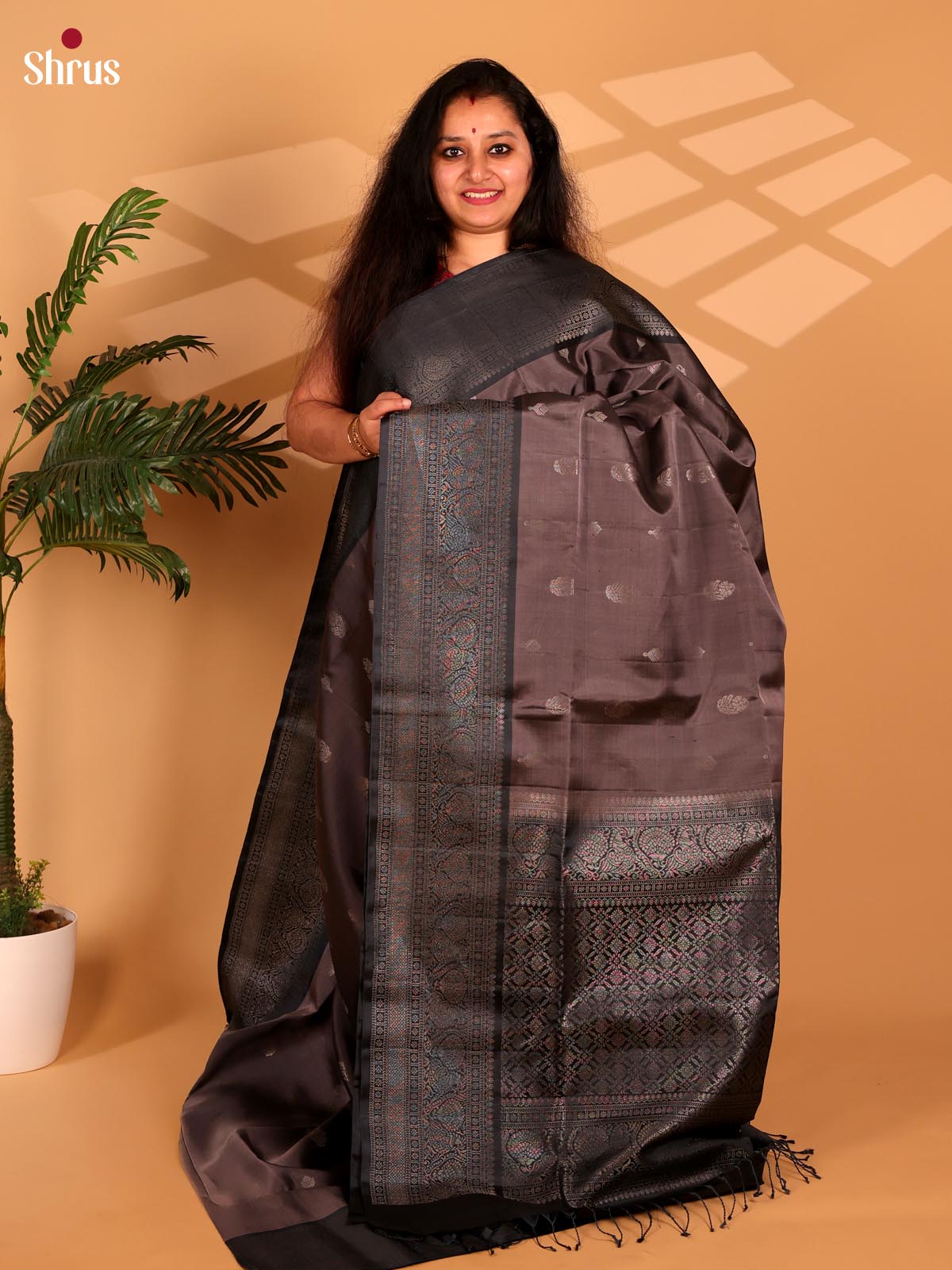 Brown & Black - Soft Silk Saree - Shop on Shrus.com