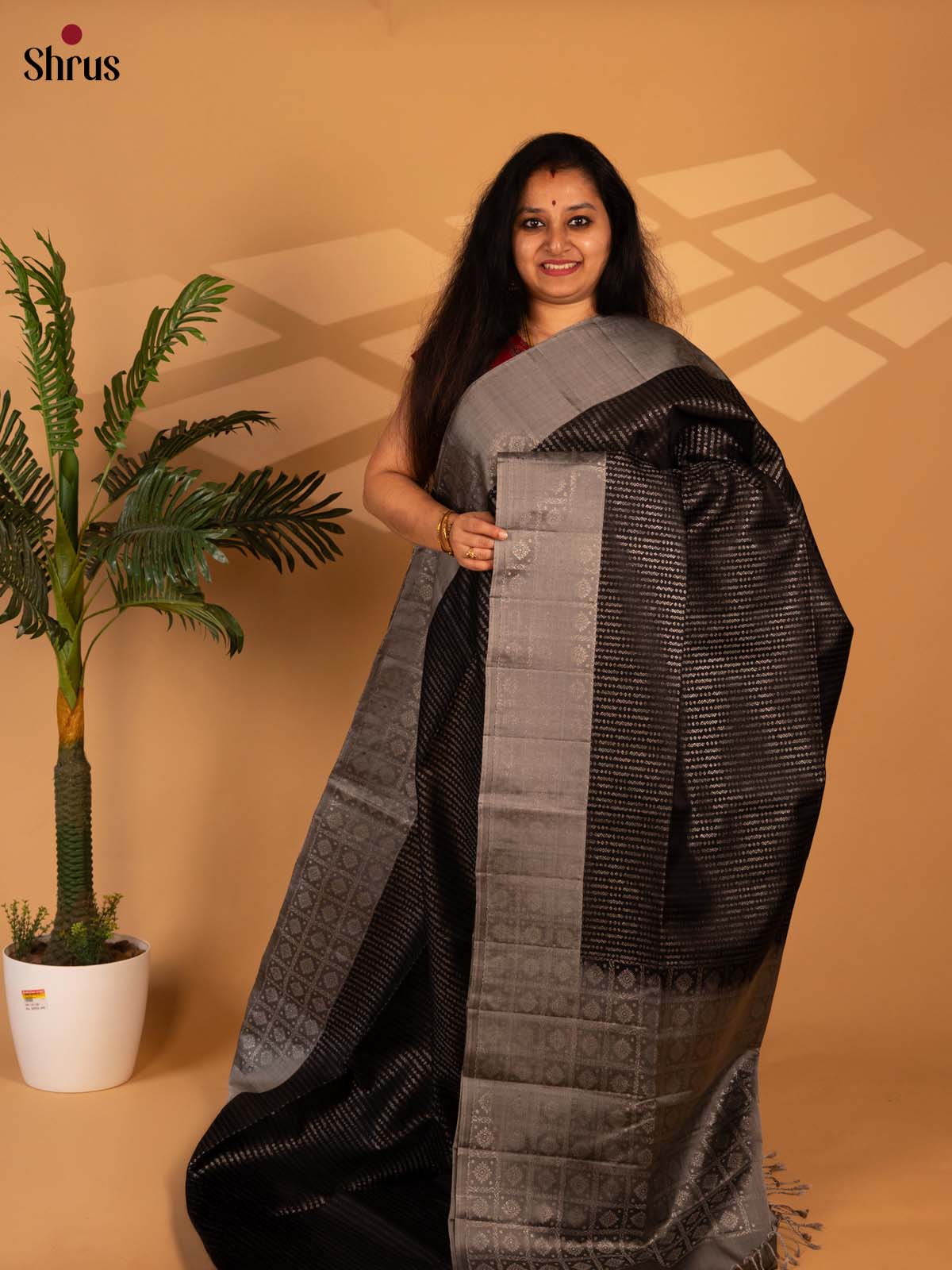 Mystique Black Soft Silk Saree with Zari Stripes Pattern, Grey Zari Brocade Border & Pallu-1