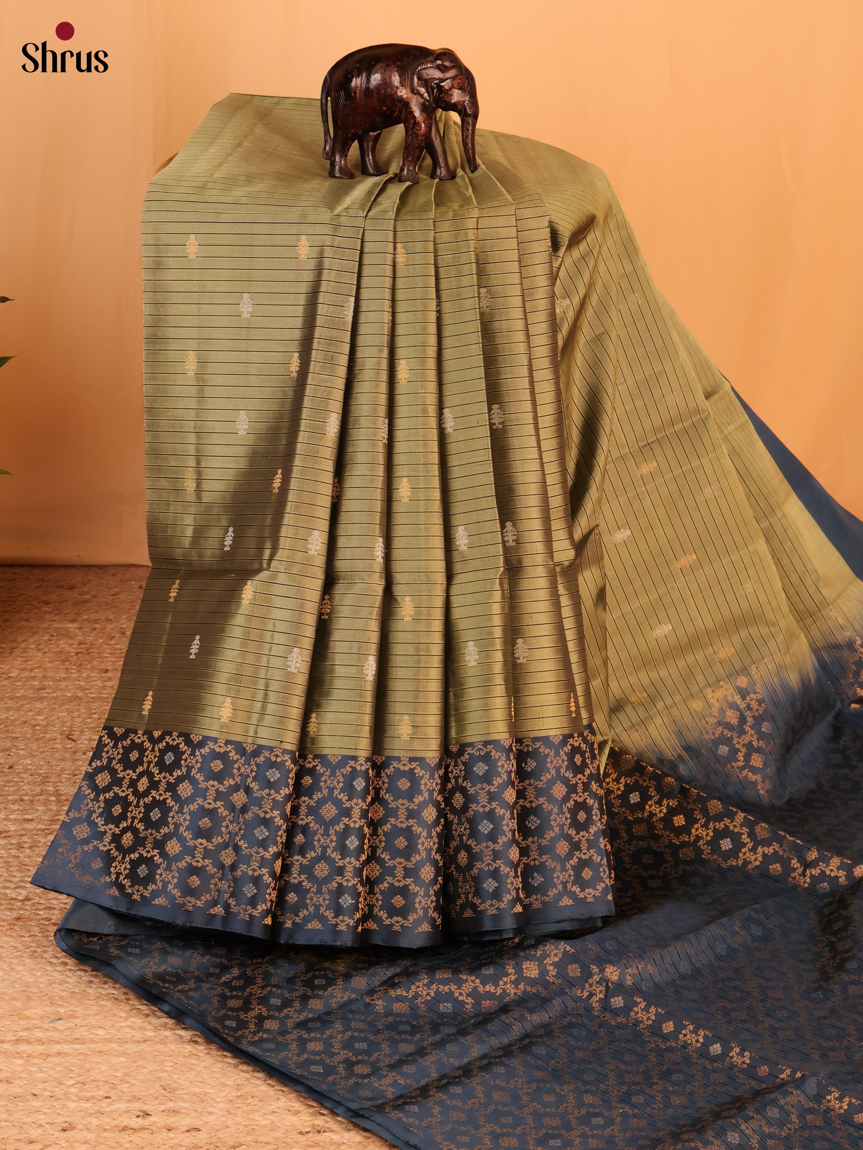Chutney Green Modern Soft Silk Saree with Zari Buttas & Striking Blue Zari Border-2