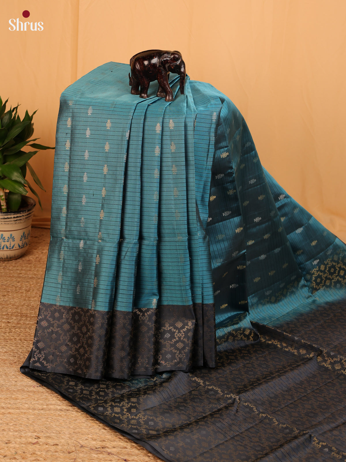 Regal Blue Striped Soft Silk Saree with Zari Buttas, Black Border & Zari Brocade Pallu - Shop on Shrus.com
