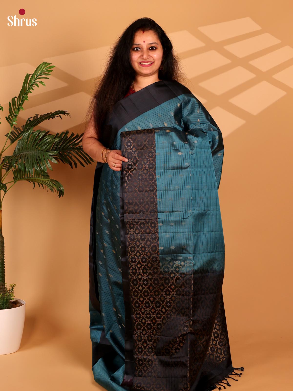 Regal Blue Striped Soft Silk Saree with Zari Buttas, Black Border & Zari Brocade Pallu - Shop on Shrus.com