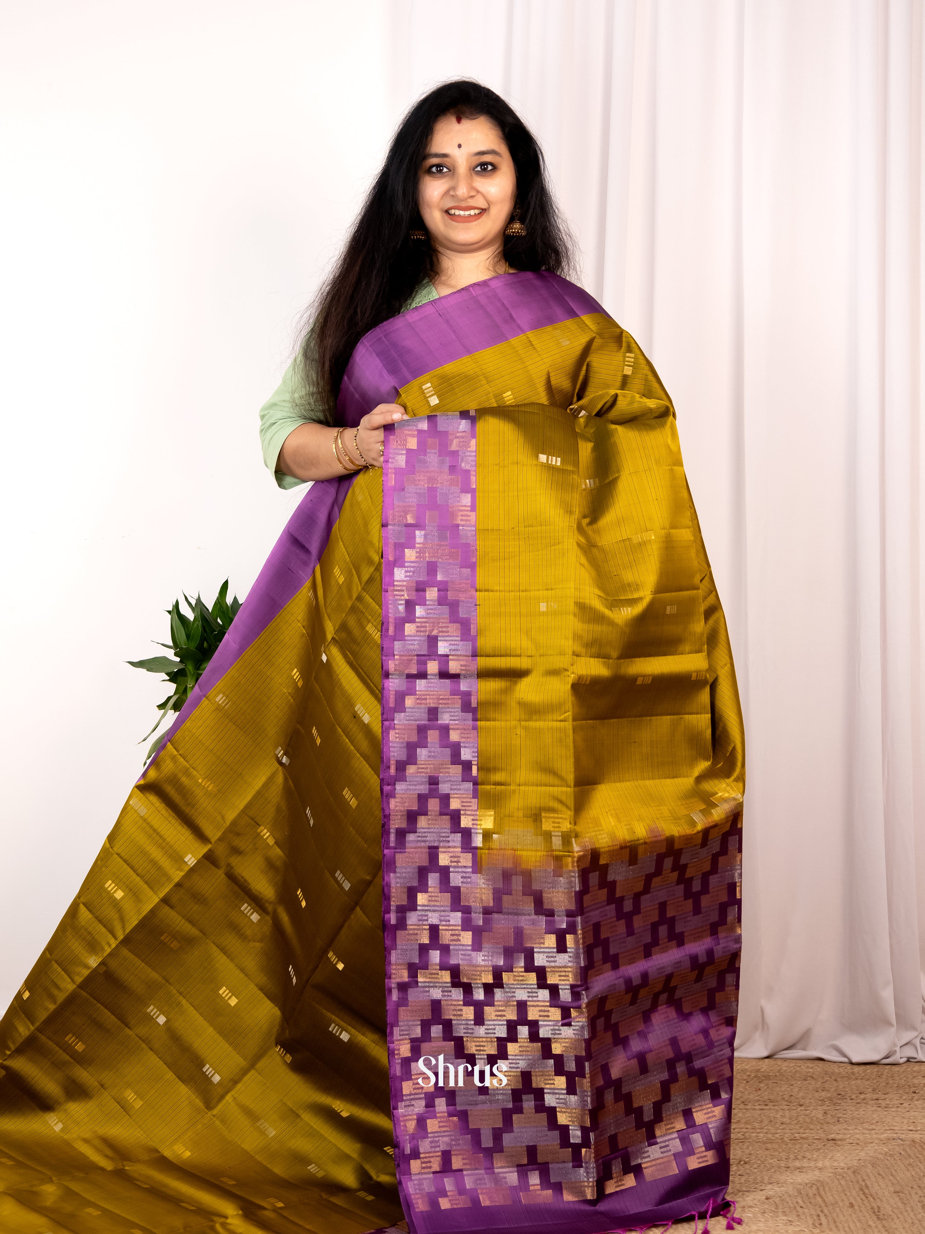 Mehandi Green & Violet - Soft Silk Saree - Shop on Shrus.com