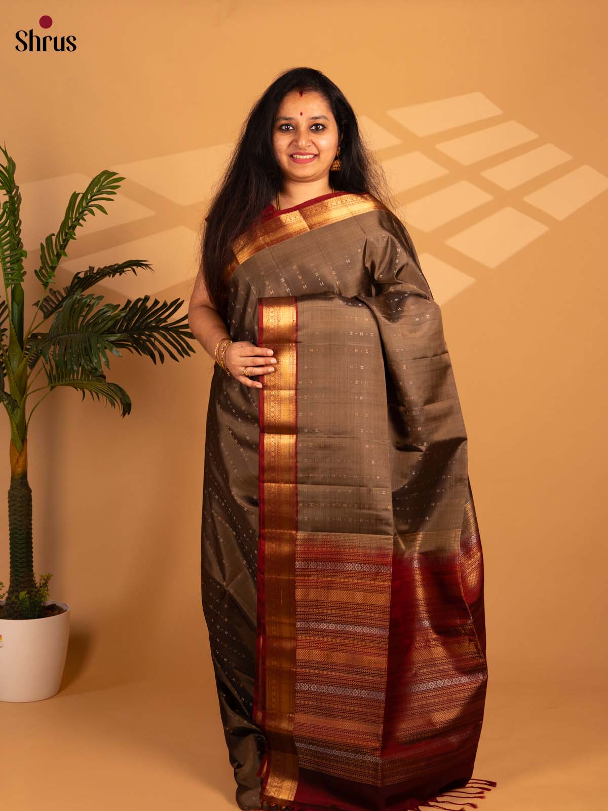Grey & maroon - Soft Silk Saree - Shop on Shrus.com