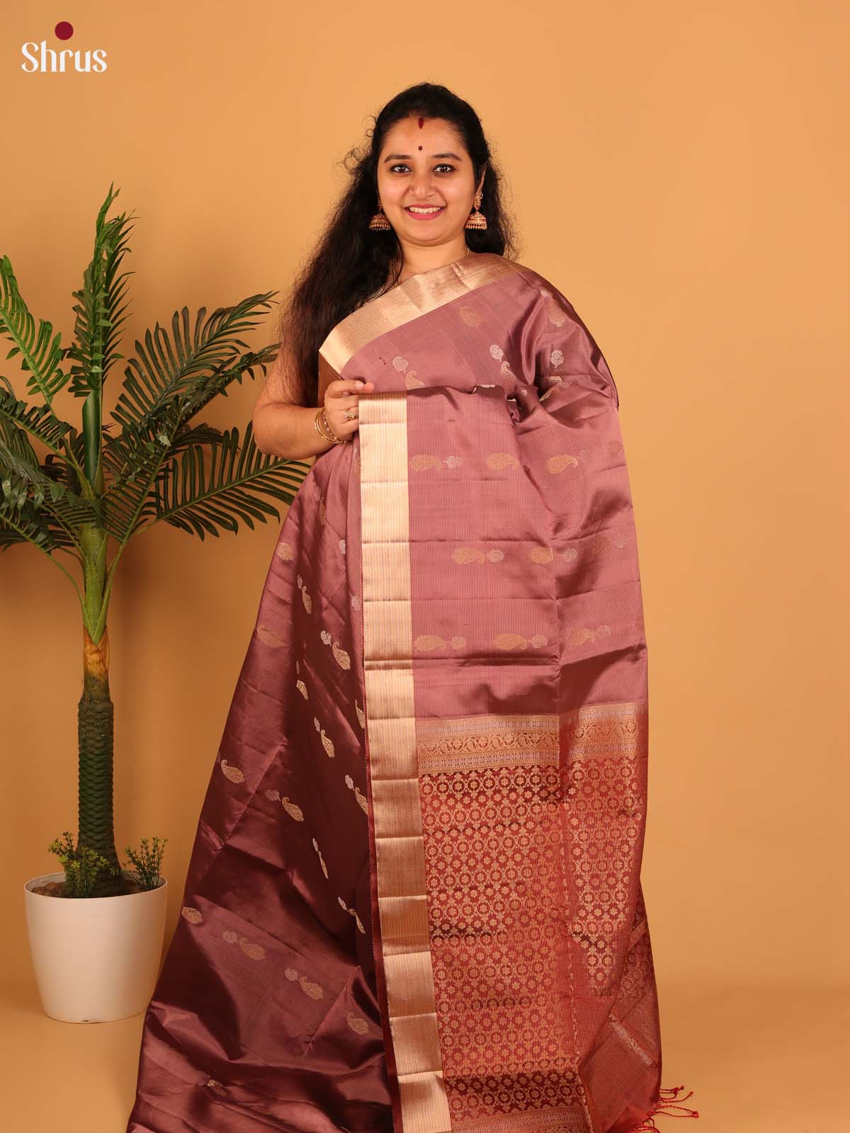 Enchanting Dusty Pink Soft Silk Saree With Paisley Zari Motifs, Zari Border & Brocade Pallu-1