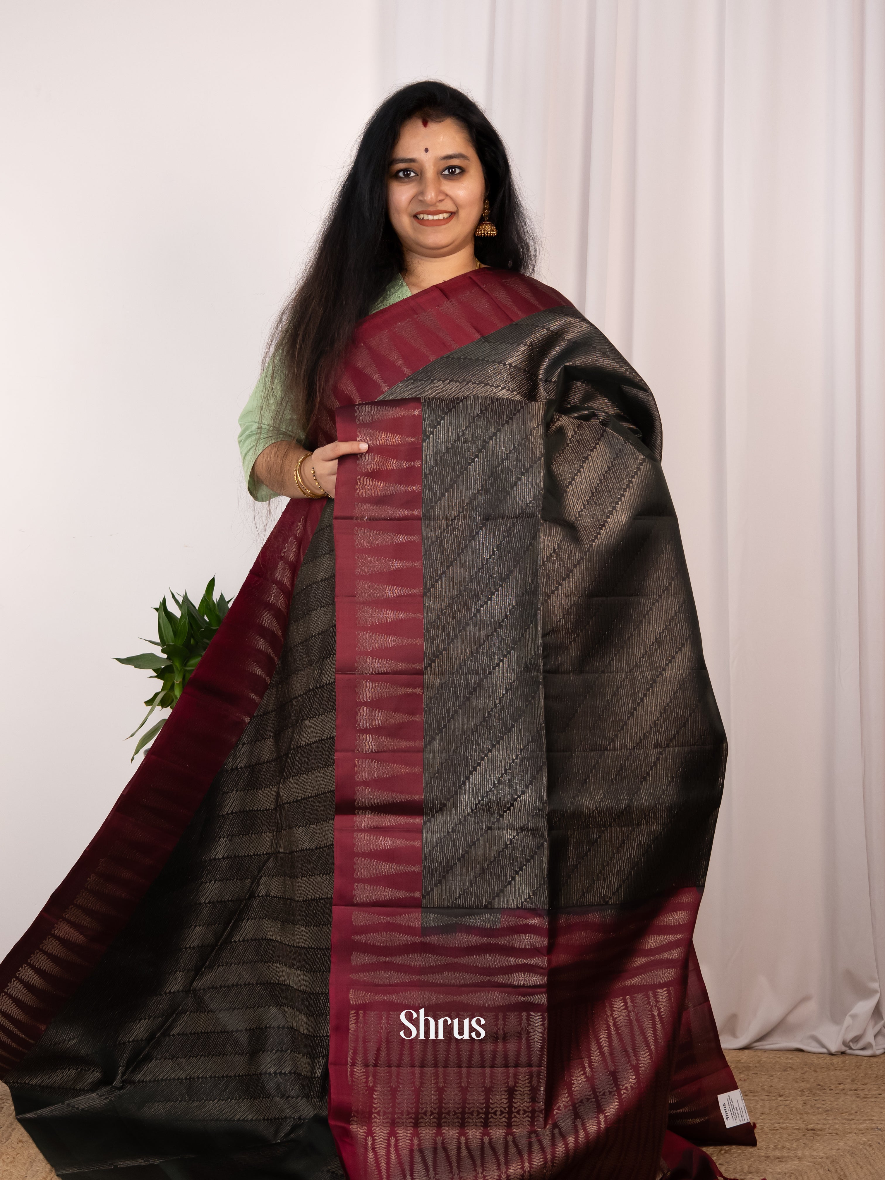 Bold Black Soft Silk Saree with Brocade Pattern, Maroon Zari Border & Pallu-1