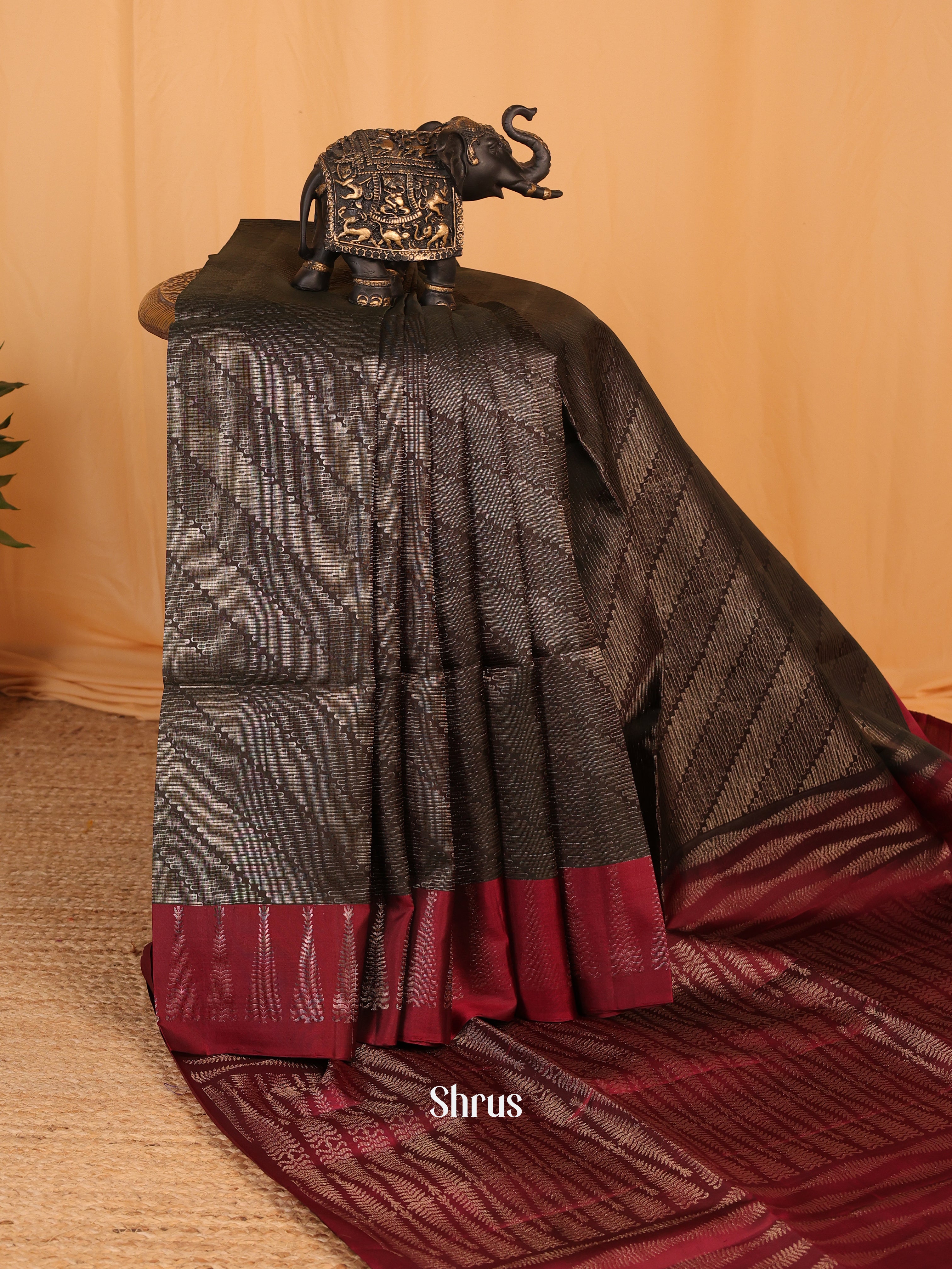 Bold Black Soft Silk Saree with Brocade Pattern, Maroon Zari Border & Pallu-2