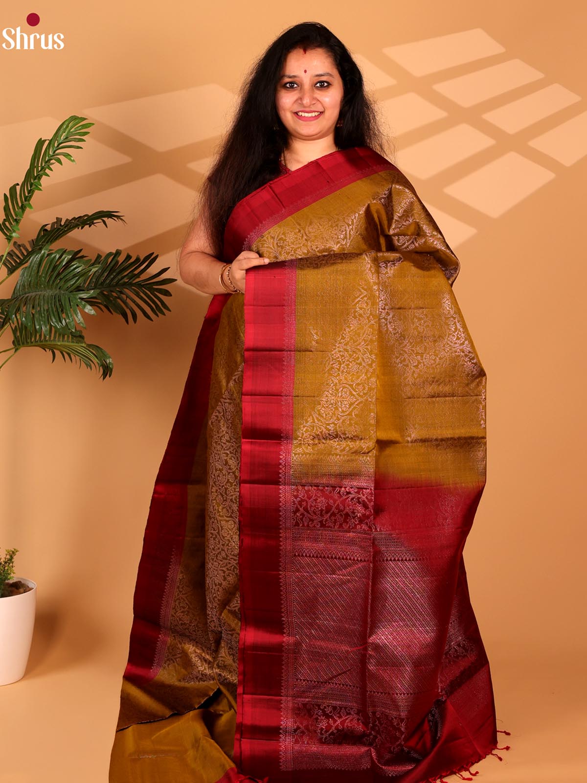Dark Mustard & Maroon - Soft Silk Saree - Shop on Shrus.com