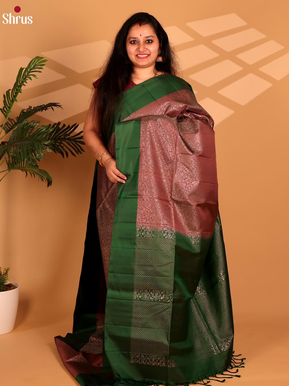 Timeless Brown Soft Silk Saree with Zari Floral Brocade & Contrast Green Border-1