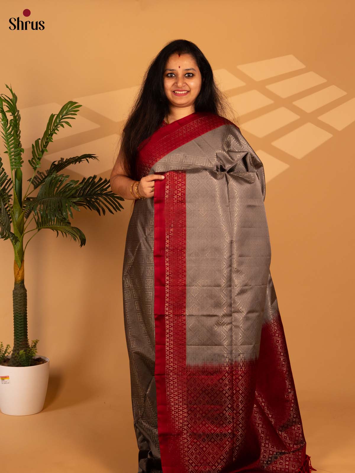 Grey & Maroon- Soft Silk Saree - Shop on Shrus.com