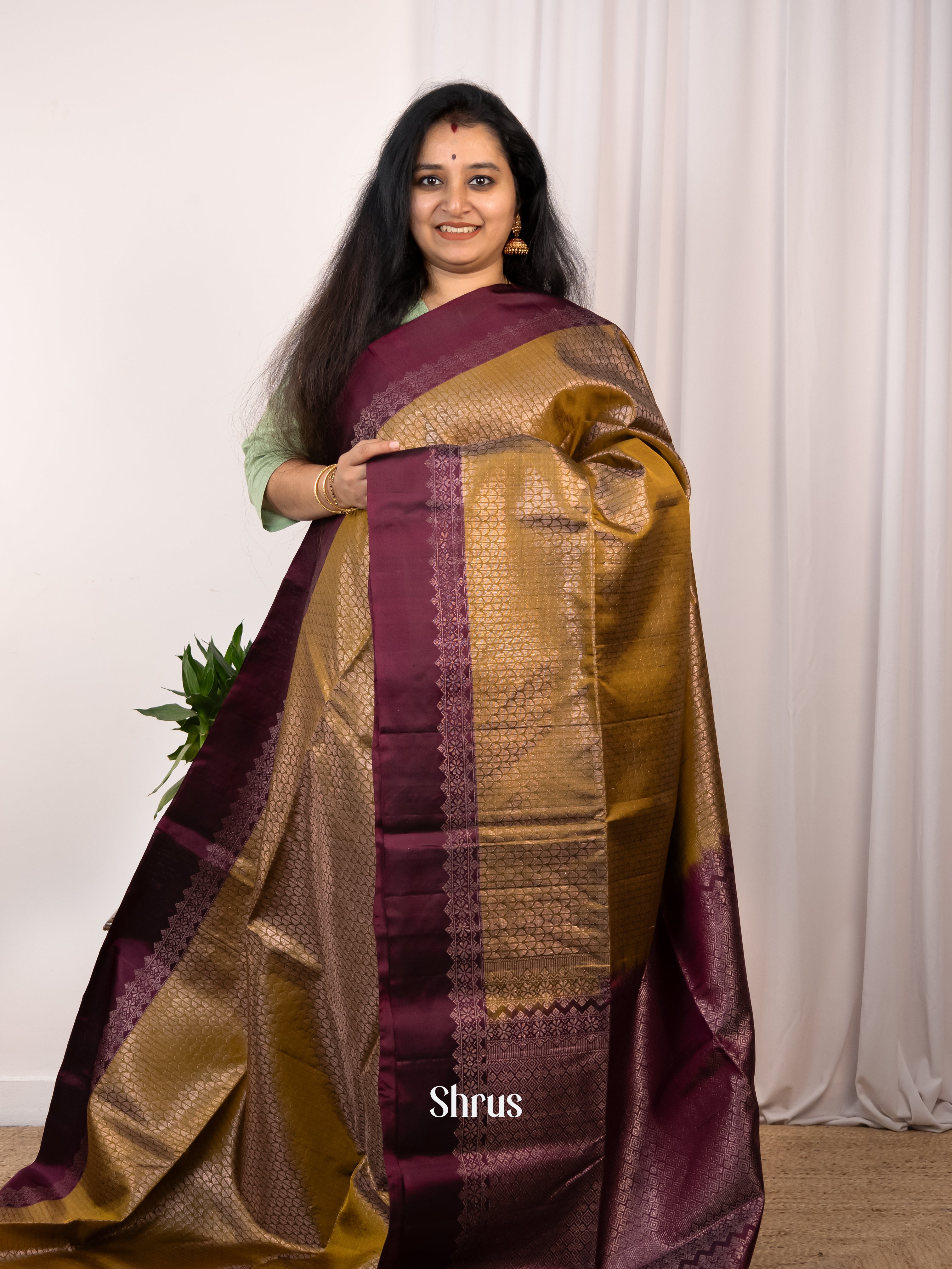 Double Shaded Mustardy Green & Wine - Soft Silk Saree - Shop on Shrus.com