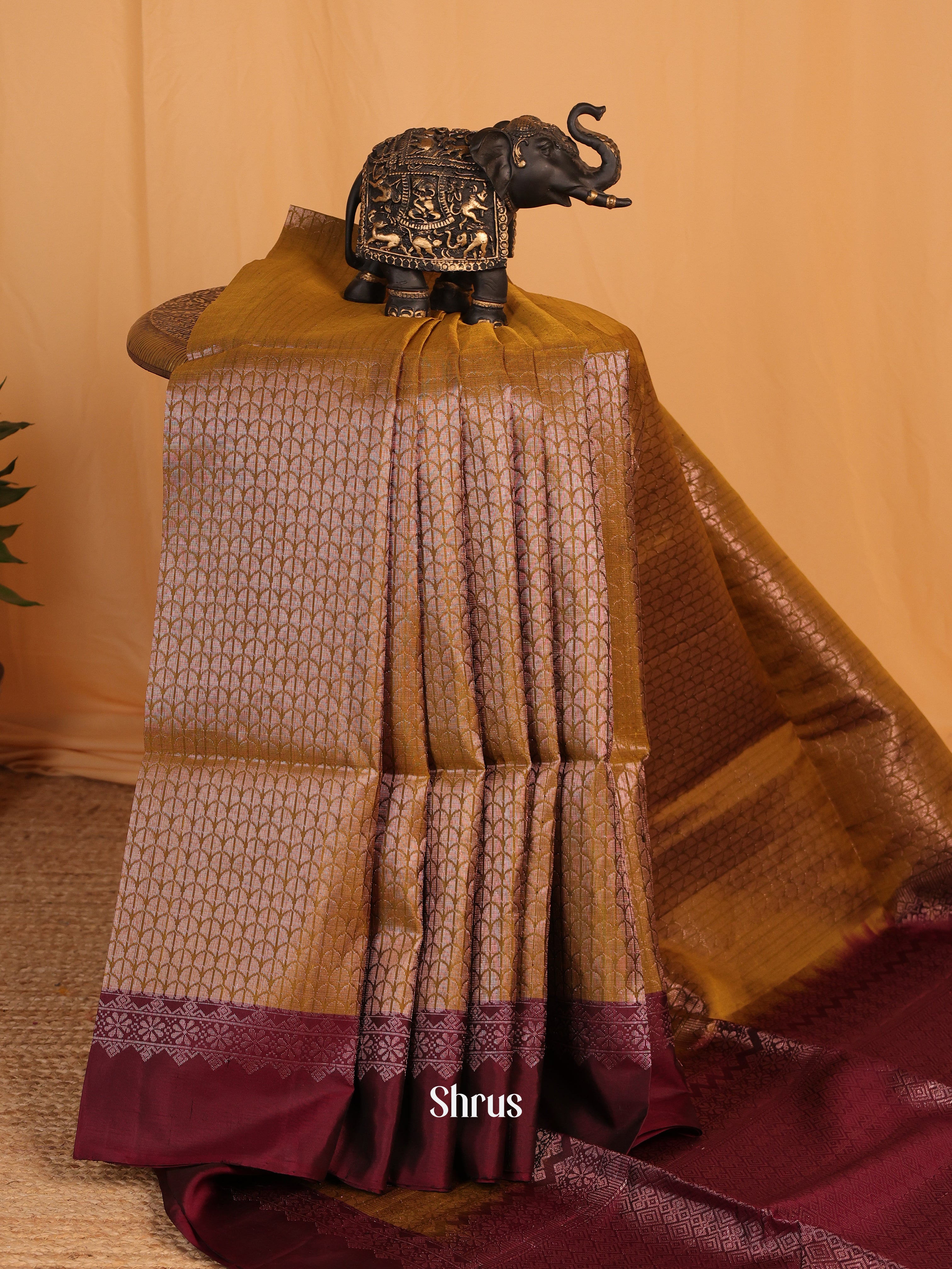 Double Shaded Mustardy Green & Wine - Soft Silk Saree - Shop on Shrus.com