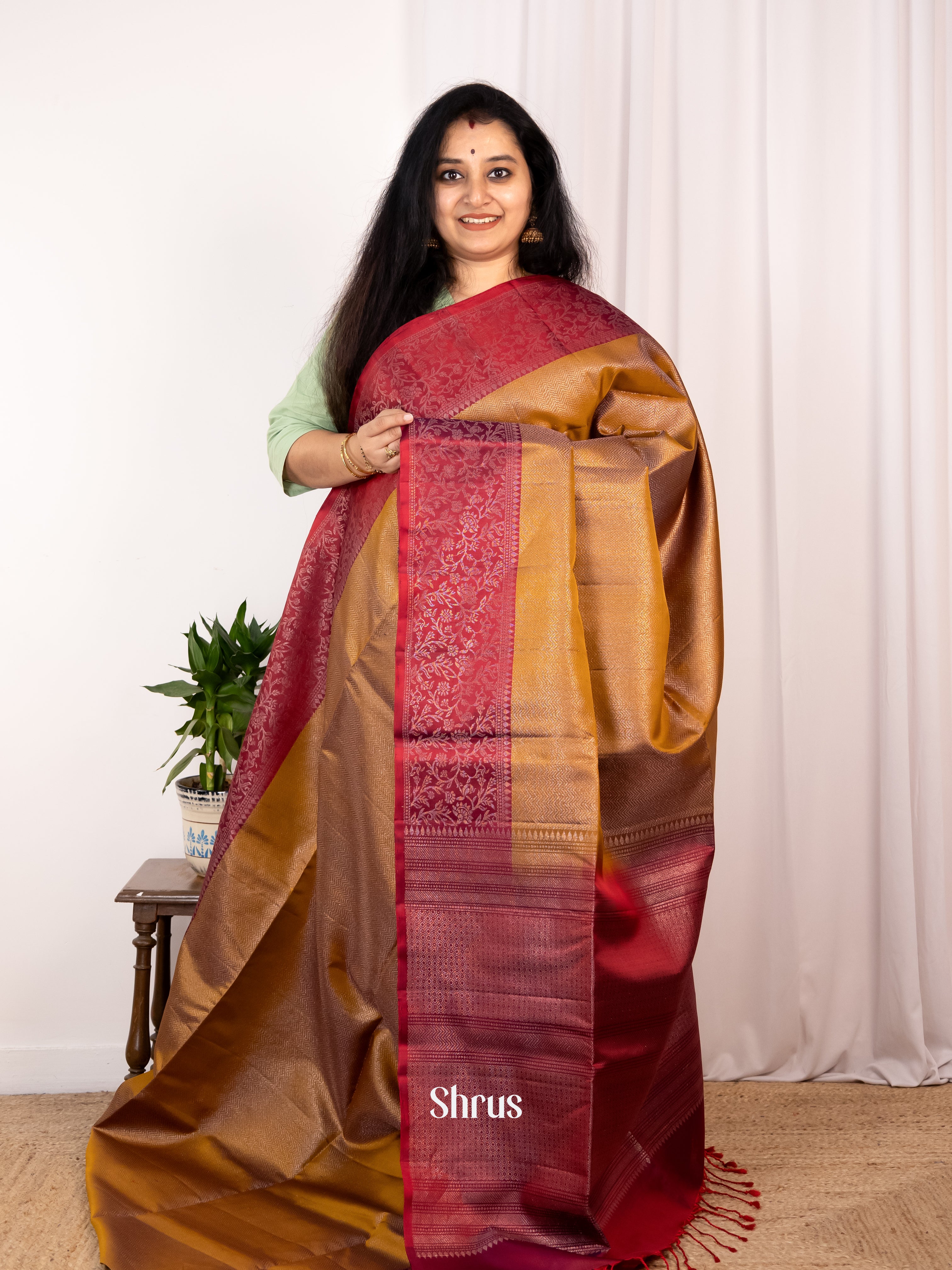 Dark Mustard & Maroon - Soft Silk Saree - Shop on Shrus.com