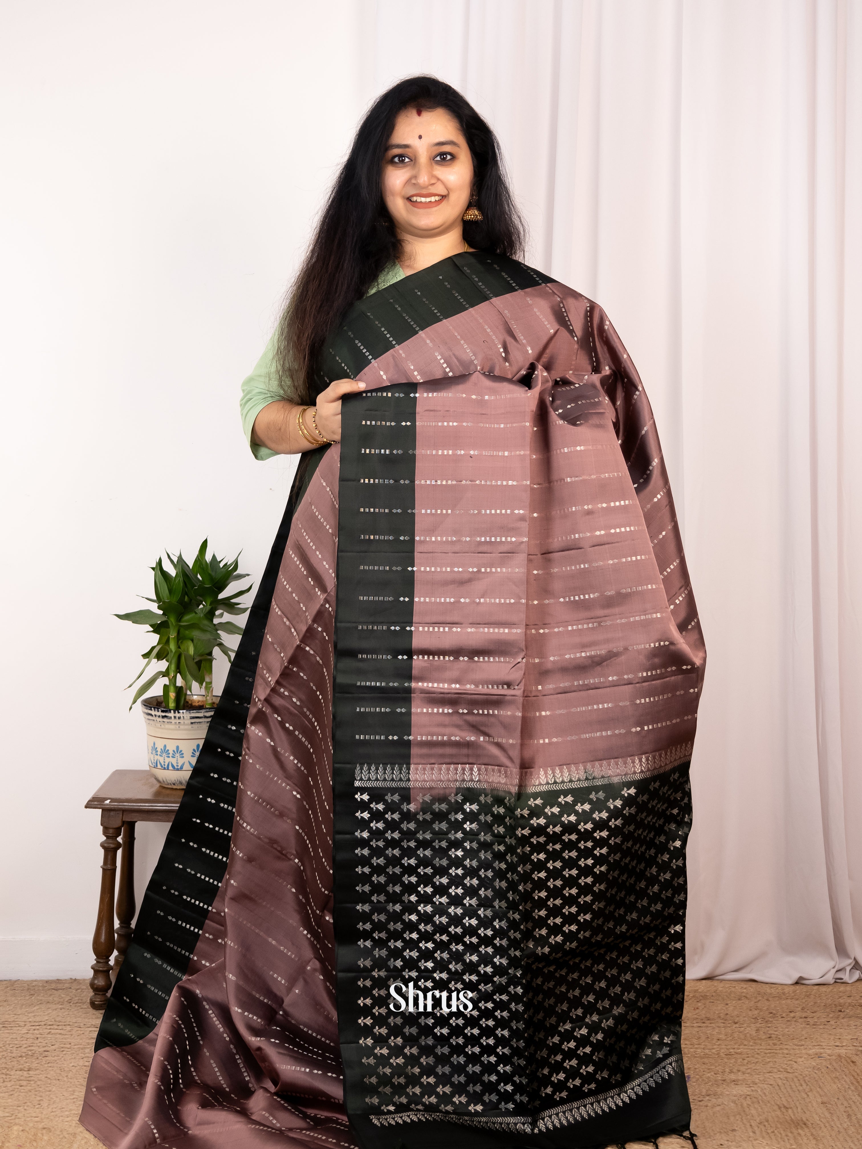 Chic Brown Soft Silk Saree with Zari Stripes, Contrast Black Border & Brocade Pallu-1