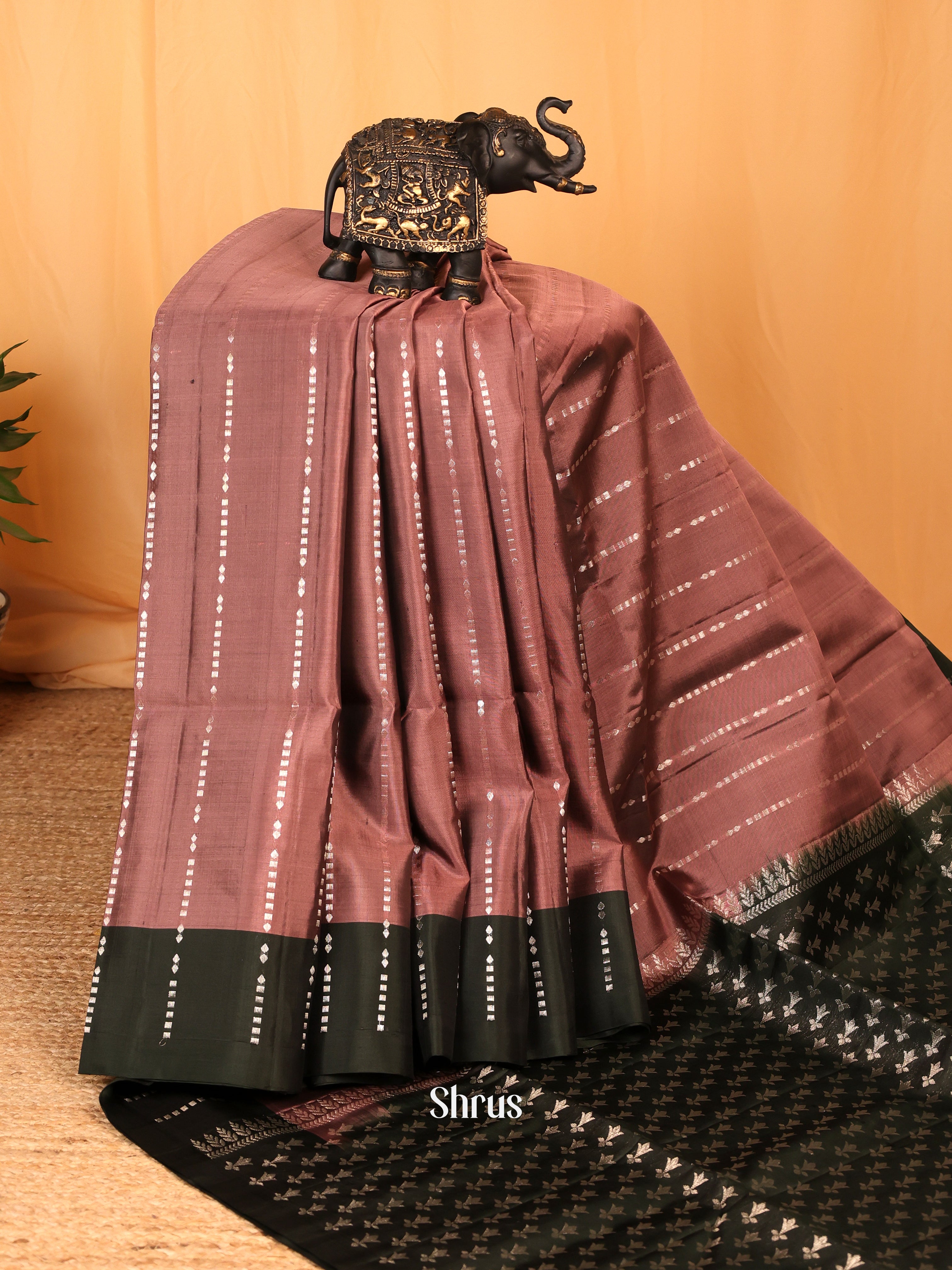 Chic Brown Soft Silk Saree with Zari Stripes, Contrast Black Border & Brocade Pallu-2