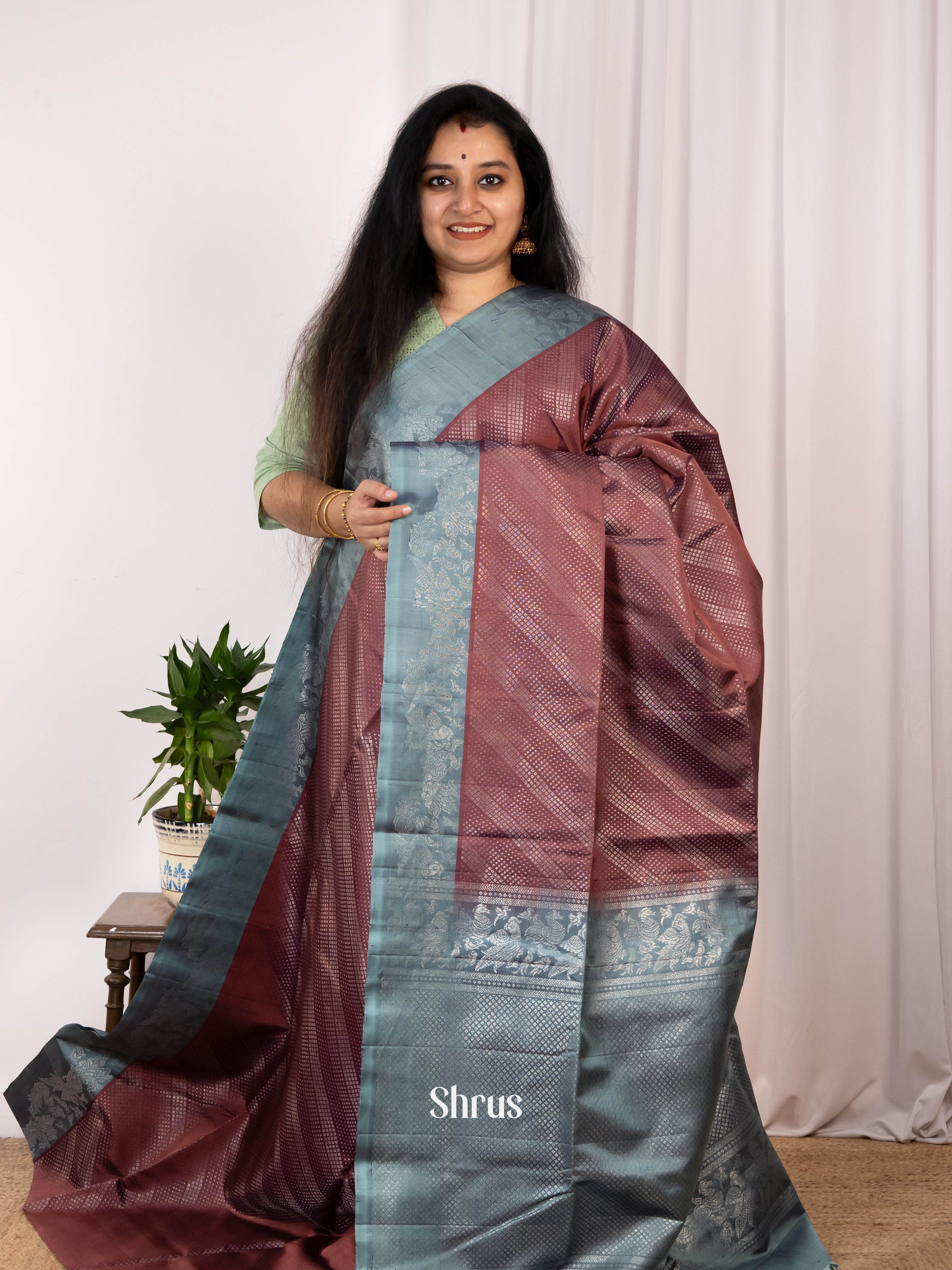 Brown & Blue - Soft Silk Saree - Shop on Shrus.com