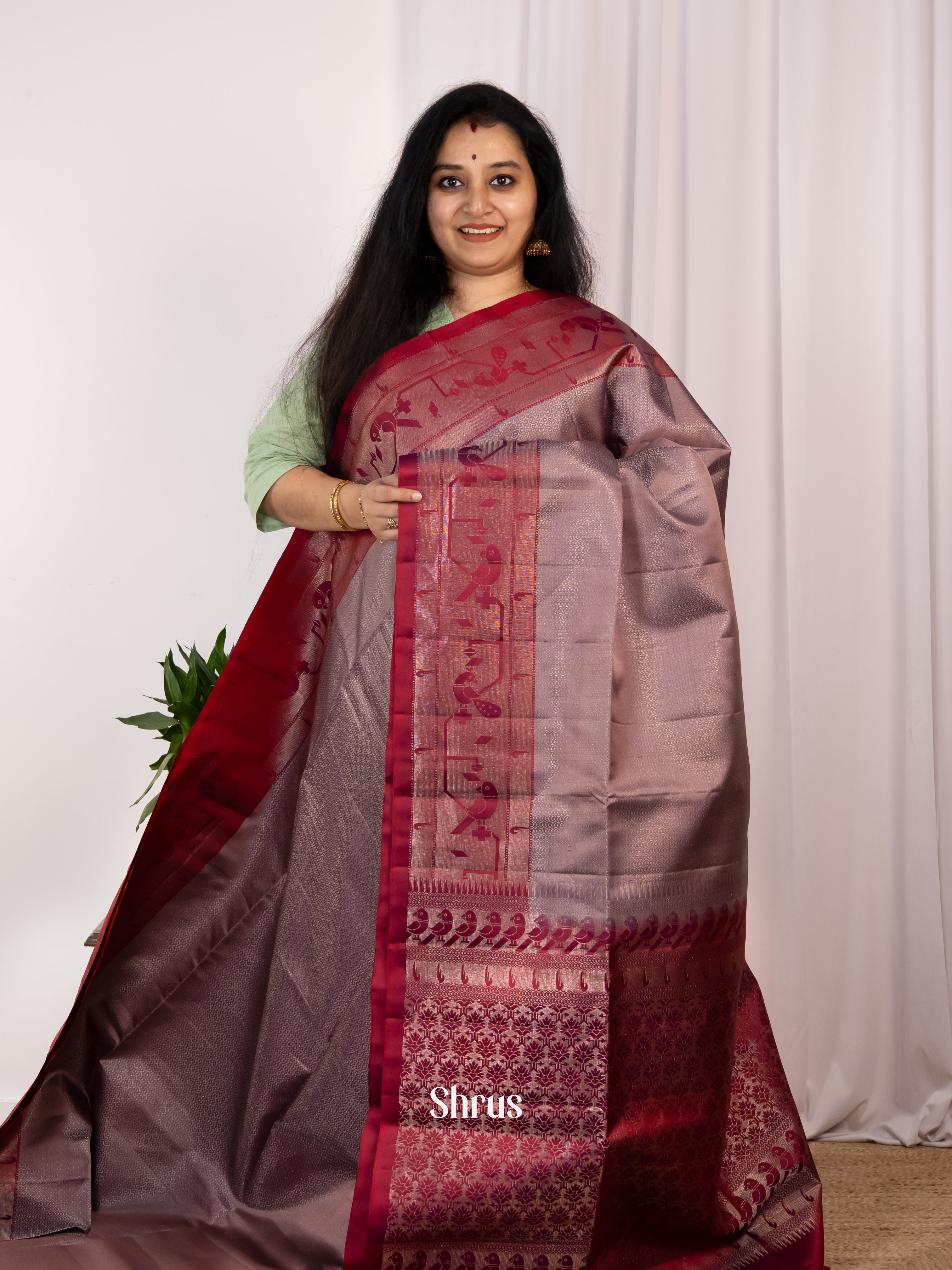 Dusty Brown Soft Silk Saree with Maroon Zari Peacock Border & Rich Brocade Pallu-1