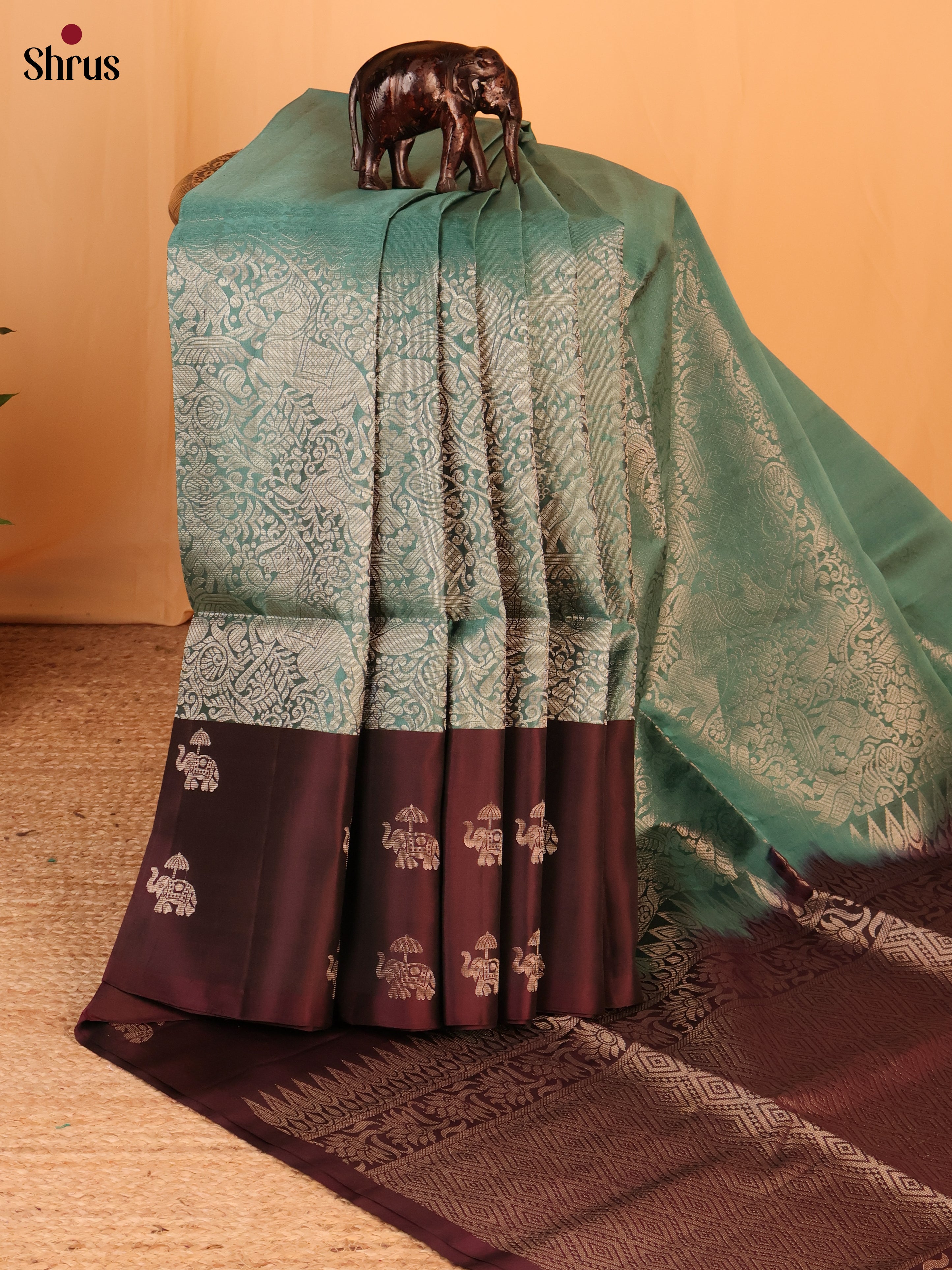 Lush Green Soft Silk Saree With Vana Shigaram Zari Brocade, Brown Border & Pallu - Shop on Shrus.com